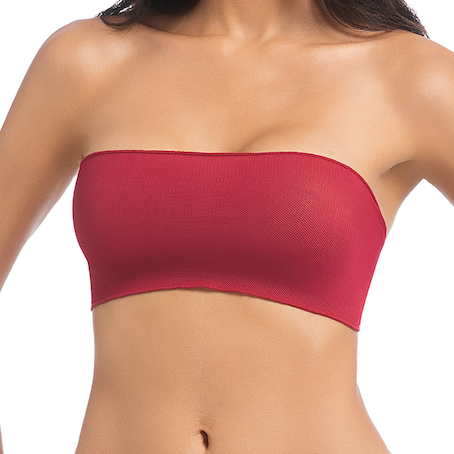 Women's Cherry Red Tan Through Bikini Set - Strapless Bandeau 2-Piece Swimwear - Minimise Tan Lines UV Permeable Woman Ribbed Large Bow Back Bathing Suit