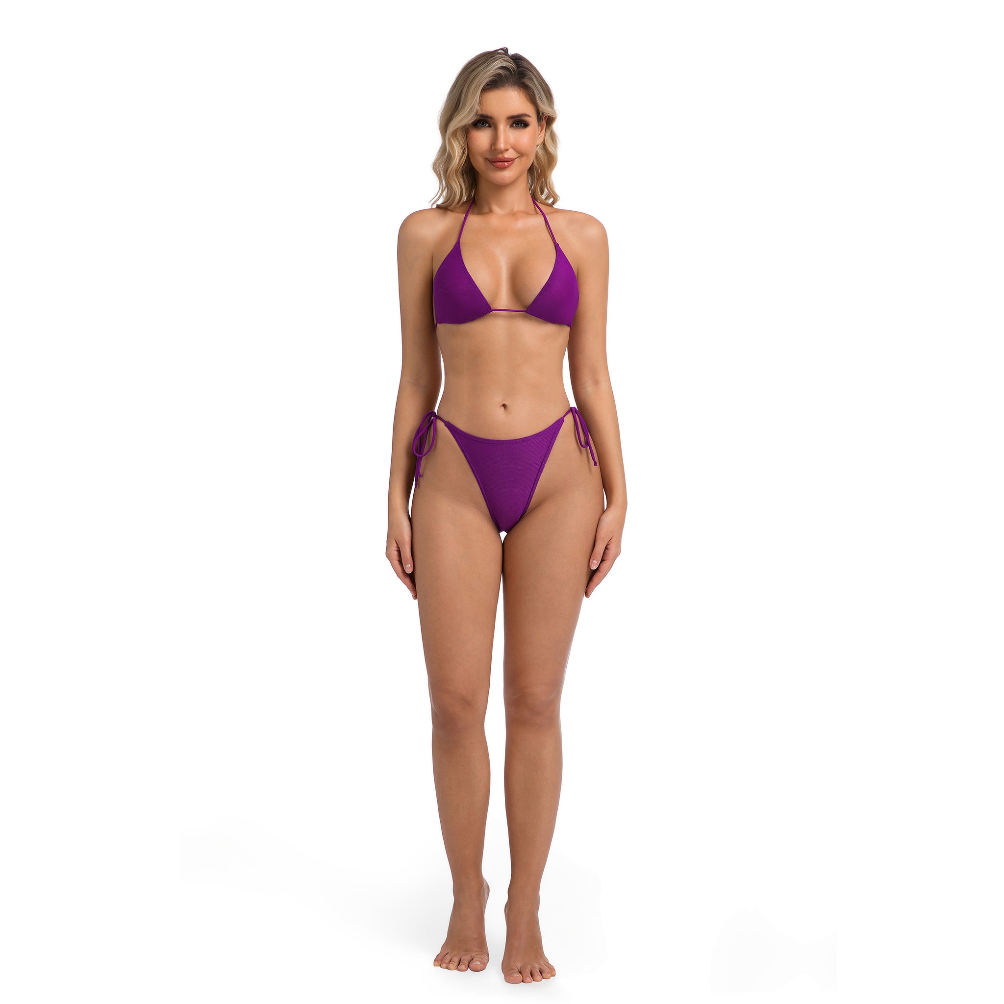 Tan Through Minimise Tan Lines Halter Triangle Bikini Set for Women Violet - Textured Ribbed Female Side Tie Cheeky Swimsuit - Two Piece Solid Purple Bathing Suit Woman's Resort Wear
