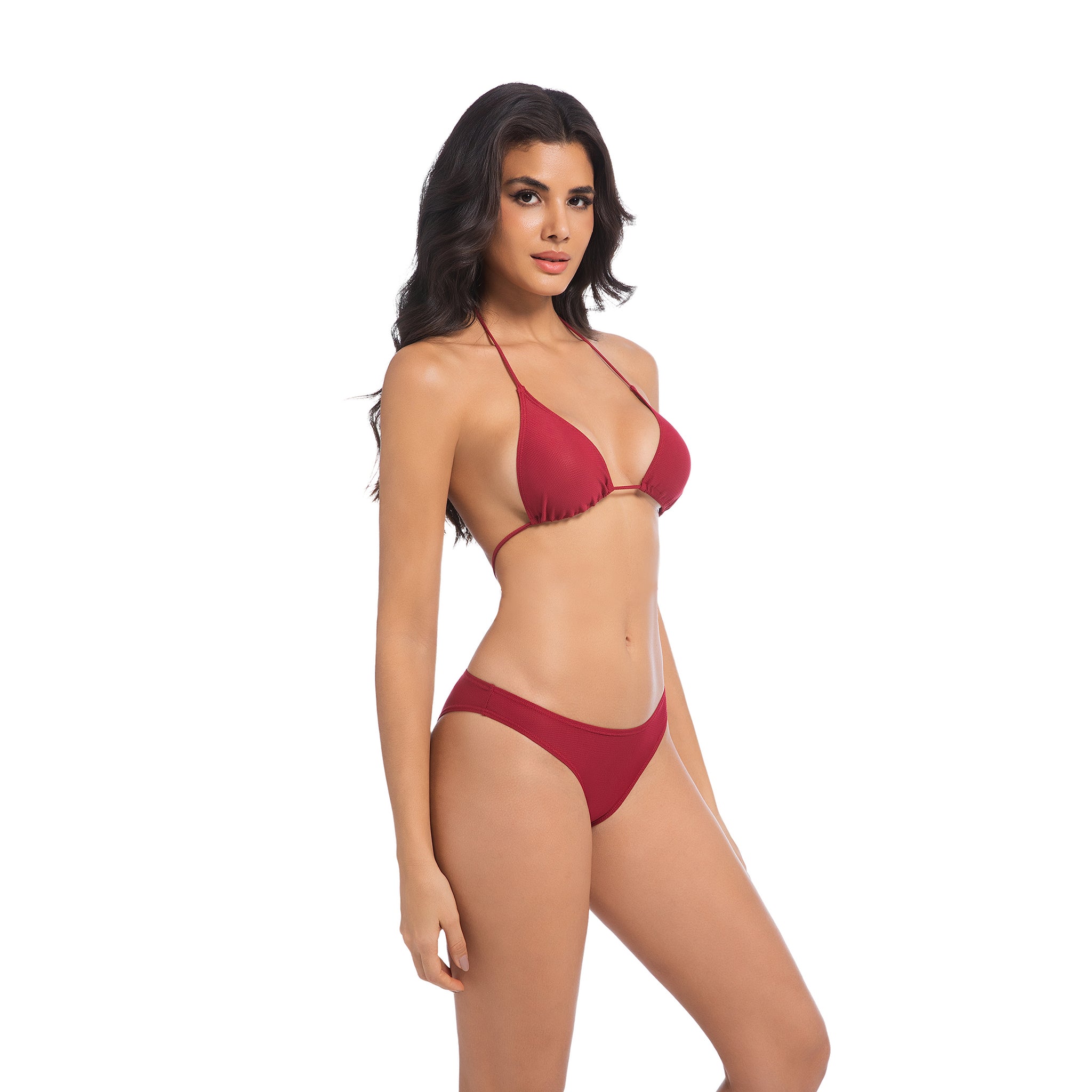 Women's Cherry Red Tan Through Bikini Set - Triangle Halter 2-Piece Swimwear - Minimise Tan Lines UV Permeable Woman Ribbed Minimal High Cut Bathing Suit
