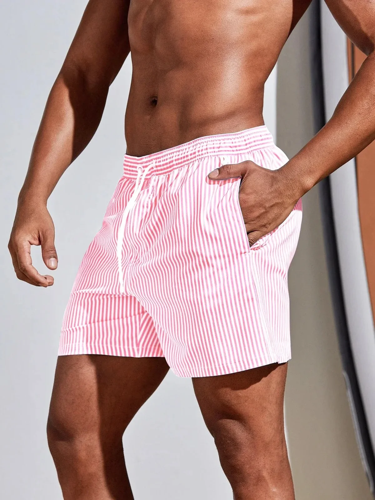 Tan Through Minimise Tan Lines Men's Swimwear - Pink White Stripe Beach Trunks - Sun-Permeable Pocketed Quick-Dry Board Shorts Male Bathing Suit