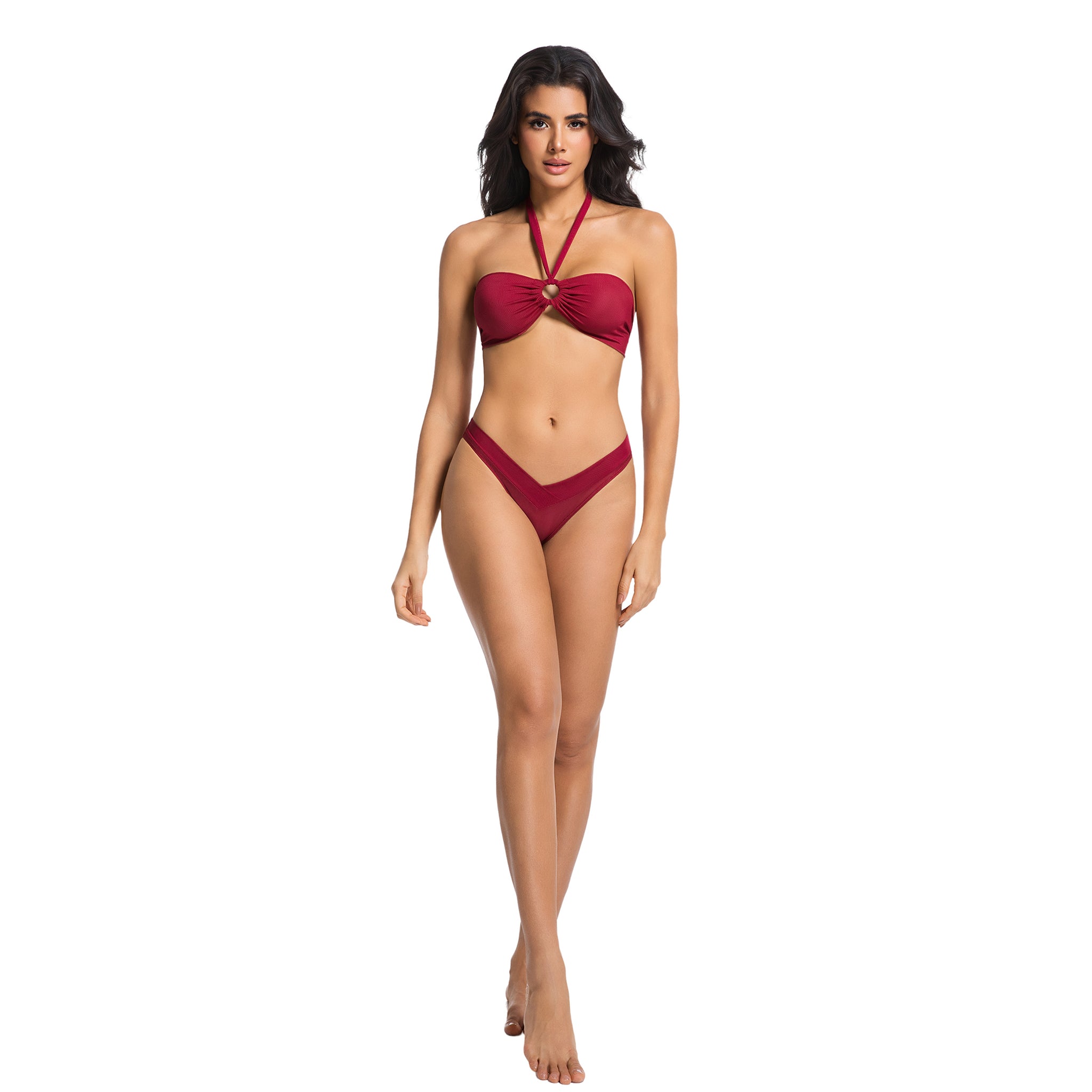 Women's Cherry Red Tan Through Bikini Set - Ring-Front Halter 2-Piece Swimwear - Minimise Tan Lines UV Permeable Woman Ribbed V-Front High Cut Bathing Suit