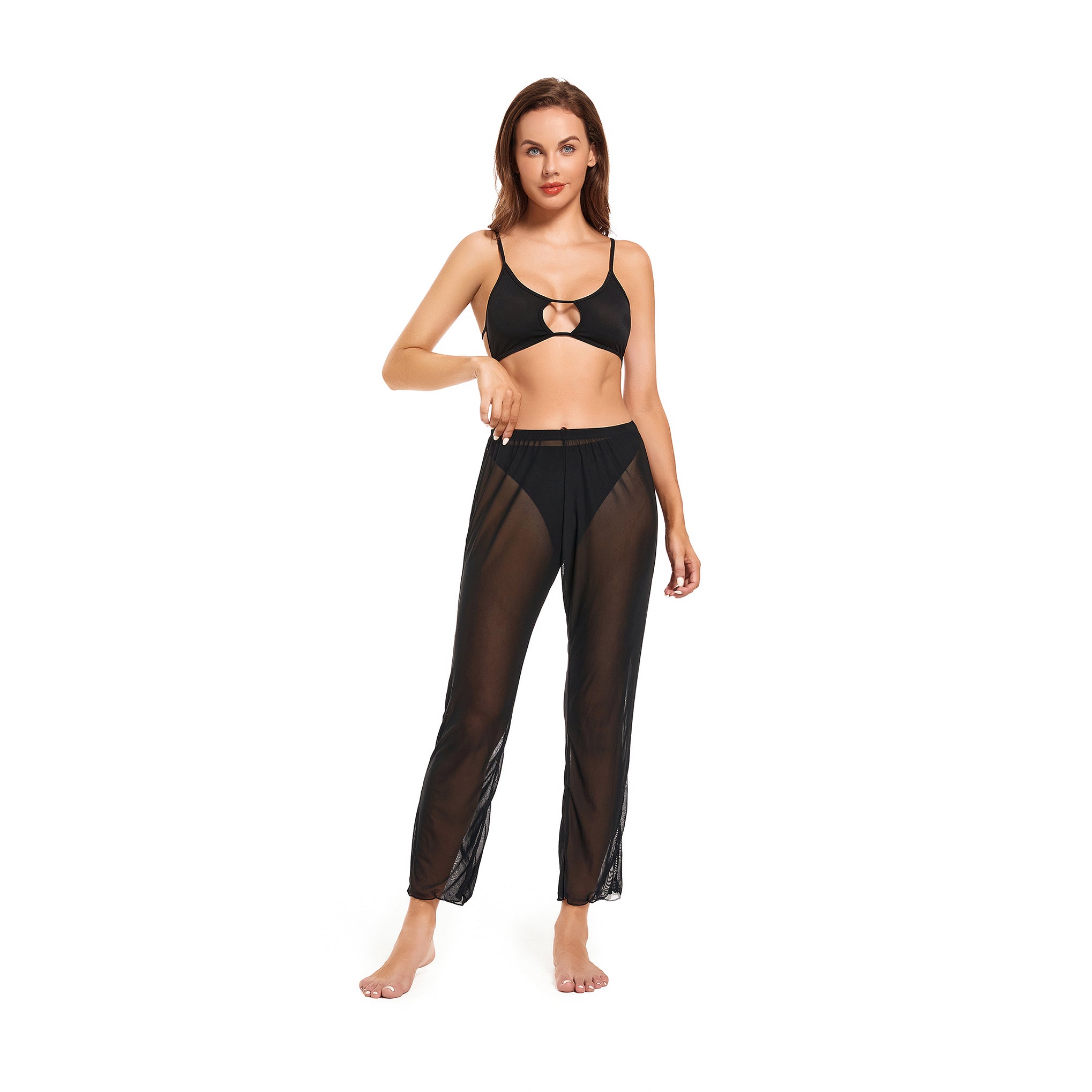 Women's Tan Through Beach Cover Up Pants - Sheer Mesh High Waisted Cropped Trousers - Breathable Sun-Permeable Mesh Tights for Pool & Resort, Black
