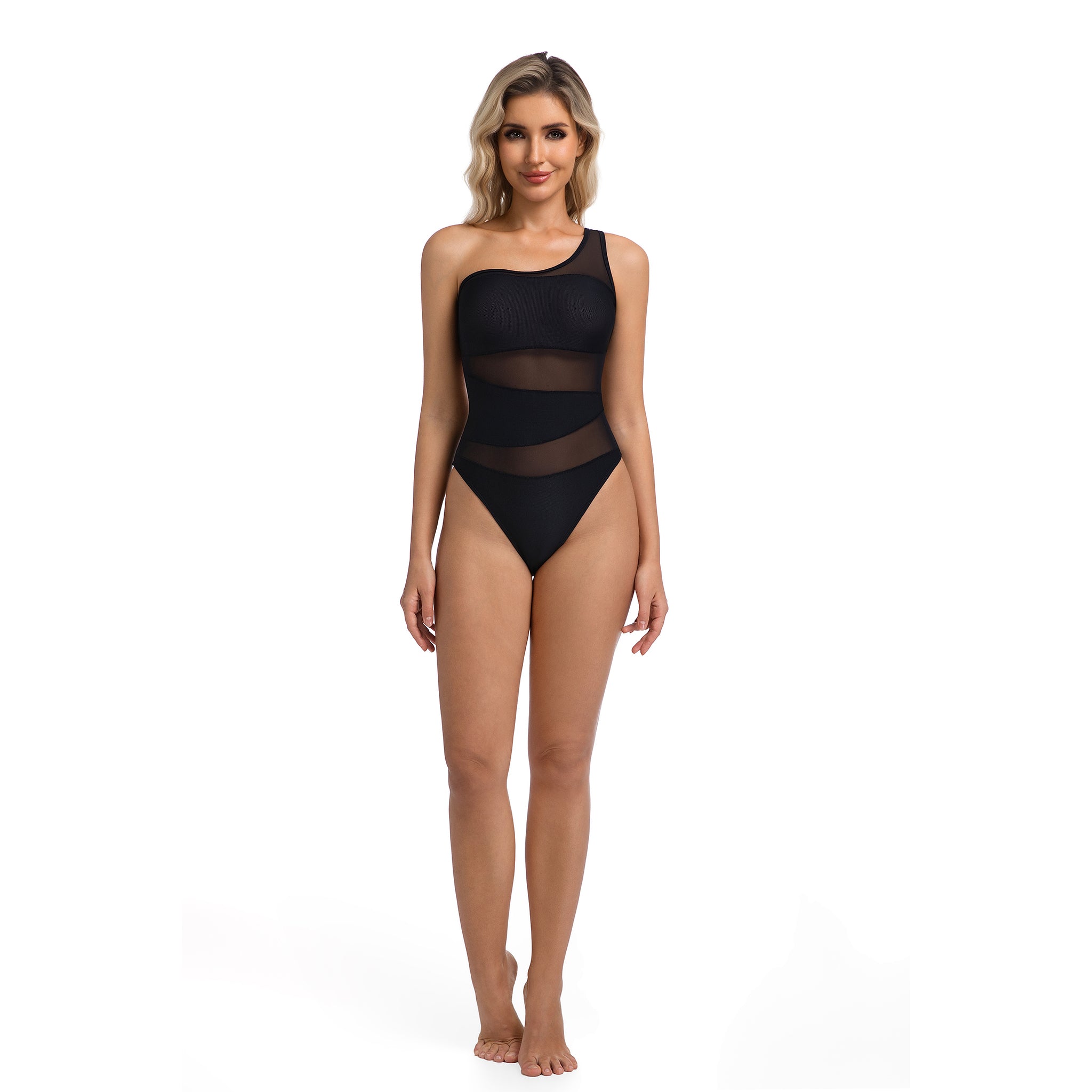 One Shoulder Black One Piece Swimsuit for Women - Mesh Panel Female Monokini - Tan Through Ribbed Open Back Woman's High Leg Bathing Suit Minimise Tan Lines