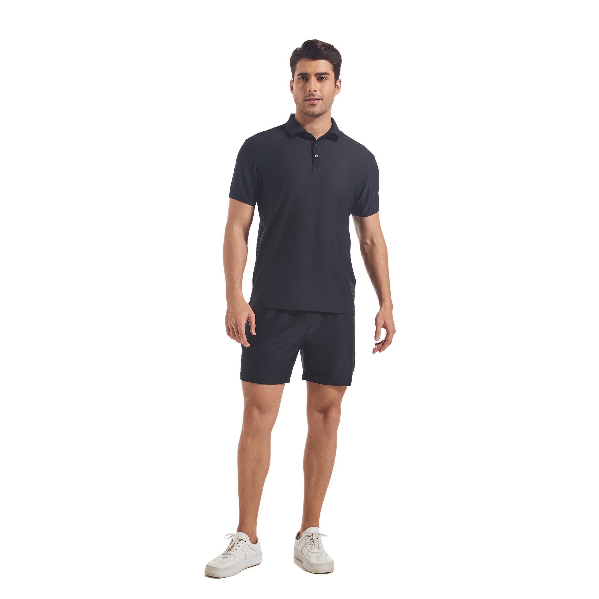 Men's Tan Through Black Polo Shirt & Shorts Set - Sun-Permeable Minimise Tan Lines Technology Male Mesh Poolside Beach Wear