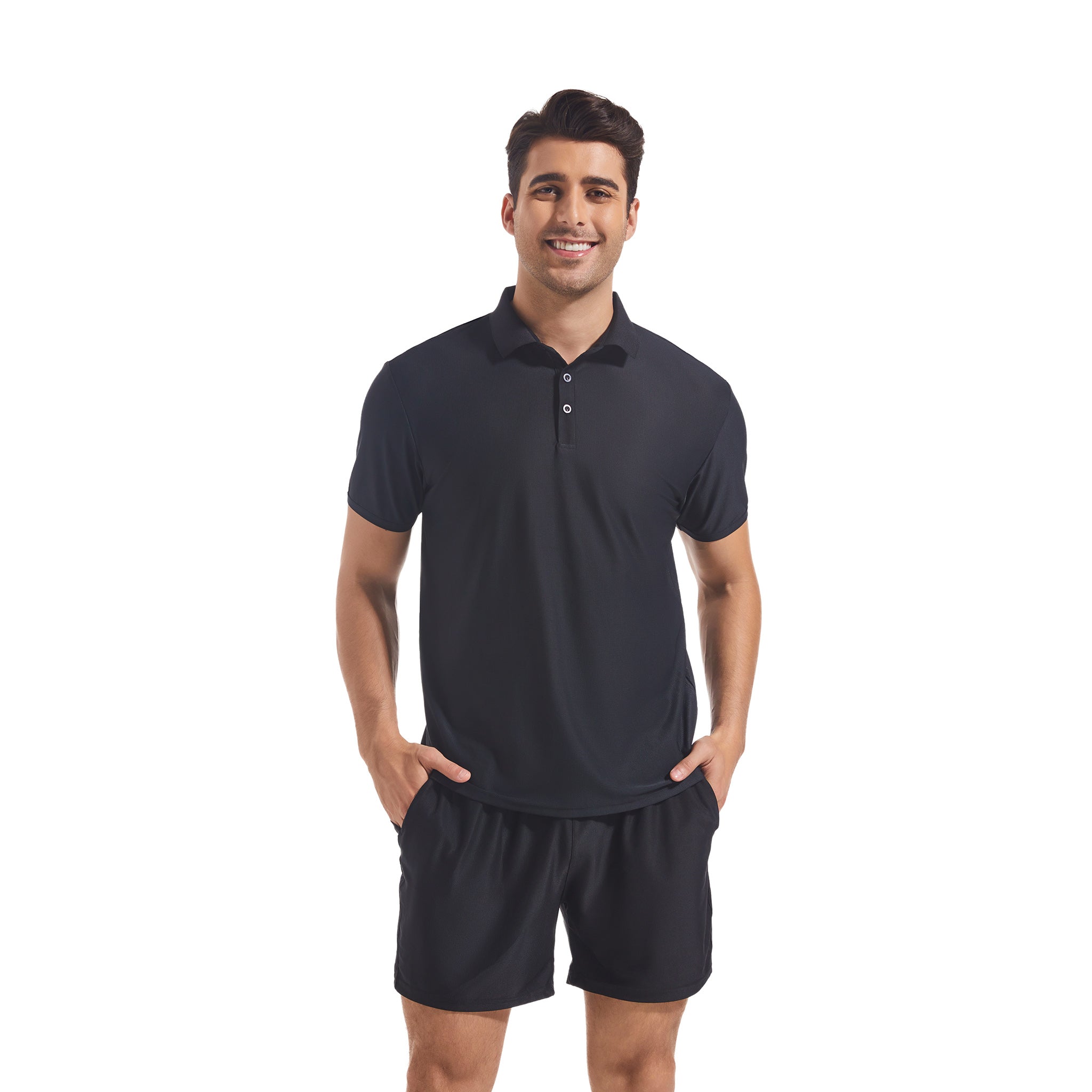 Men's Tan Through Black Polo Shirt & Shorts Set - Sun-Permeable Minimise Tan Lines Technology Male Mesh Poolside Beach Wear