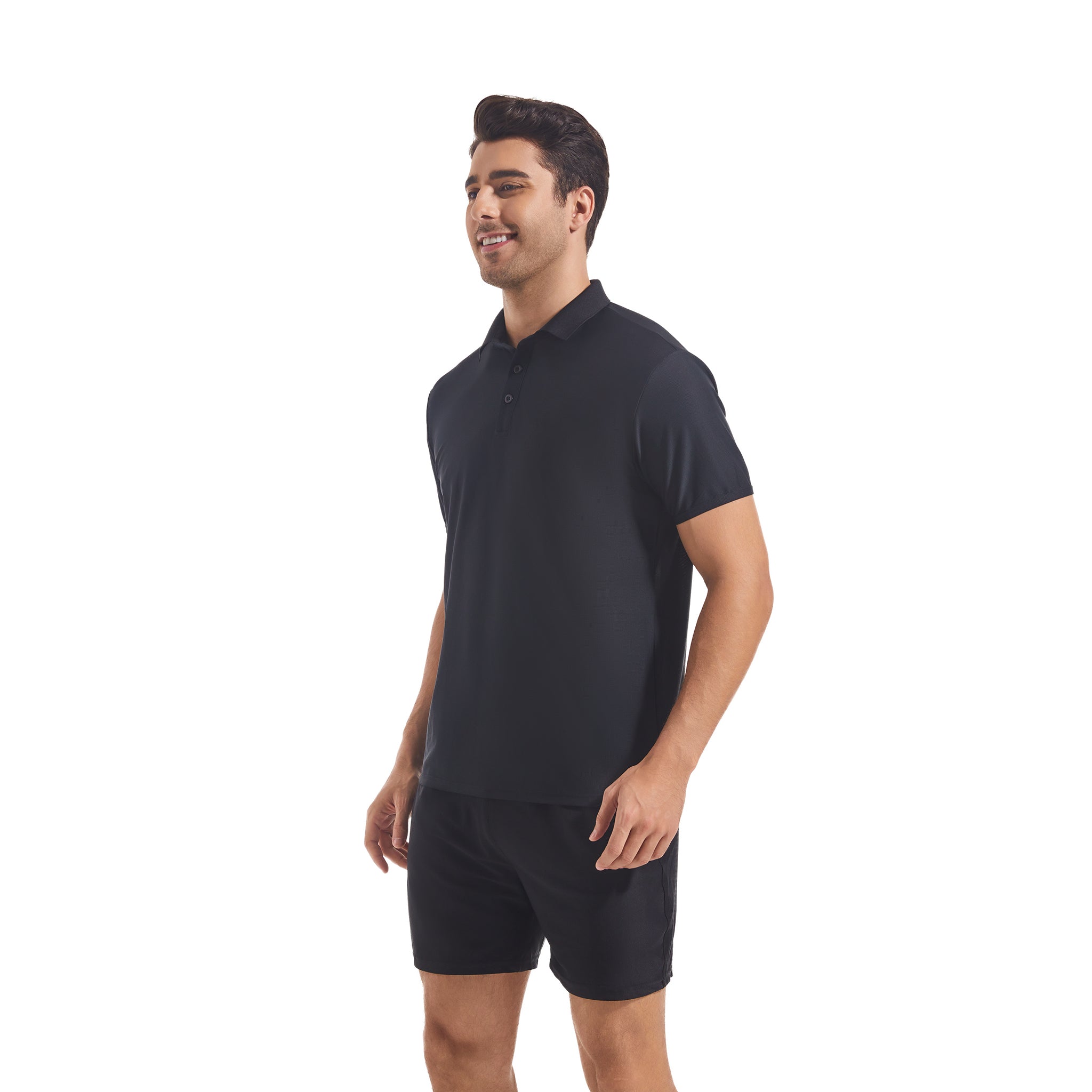 Men's Tan Through Black Polo Shirt & Shorts Set - Sun-Permeable Minimise Tan Lines Technology Male Mesh Poolside Beach Wear