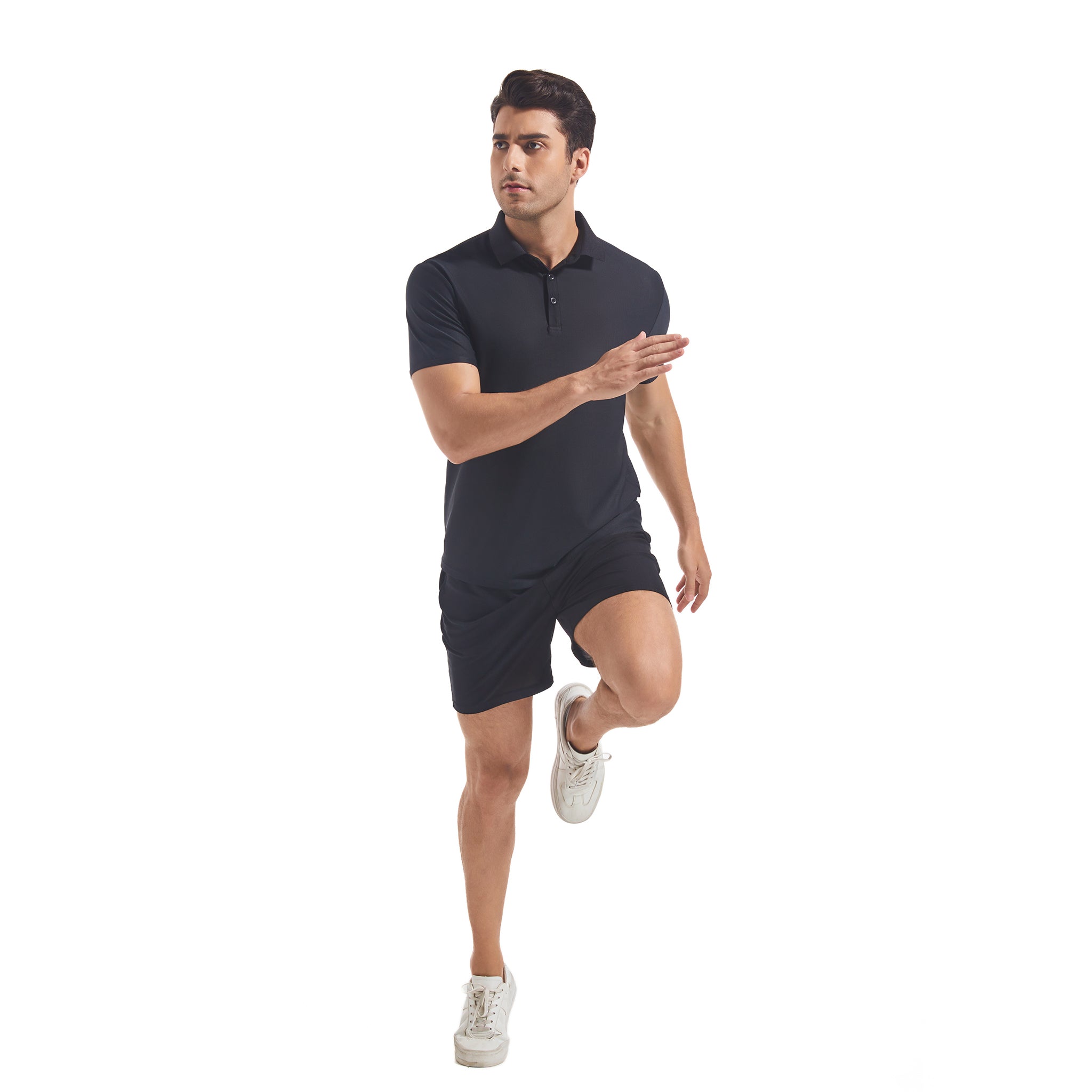 Men's Tan Through Black Polo Shirt & Shorts Set - Sun-Permeable Minimise Tan Lines Technology Male Mesh Poolside Beach Wear