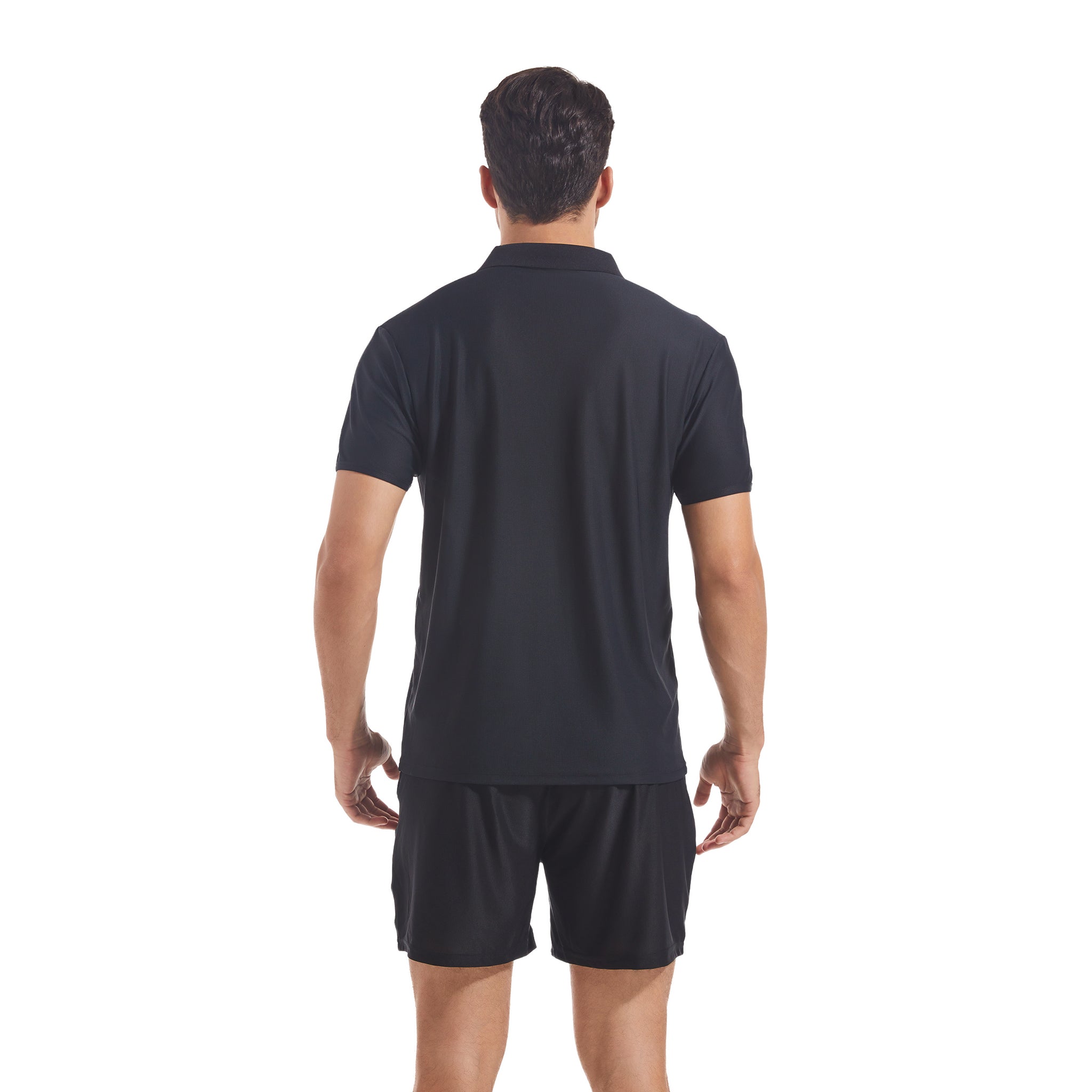 Men's Tan Through Black Polo Shirt & Shorts Set - Sun-Permeable Minimise Tan Lines Technology Male Mesh Poolside Beach Wear