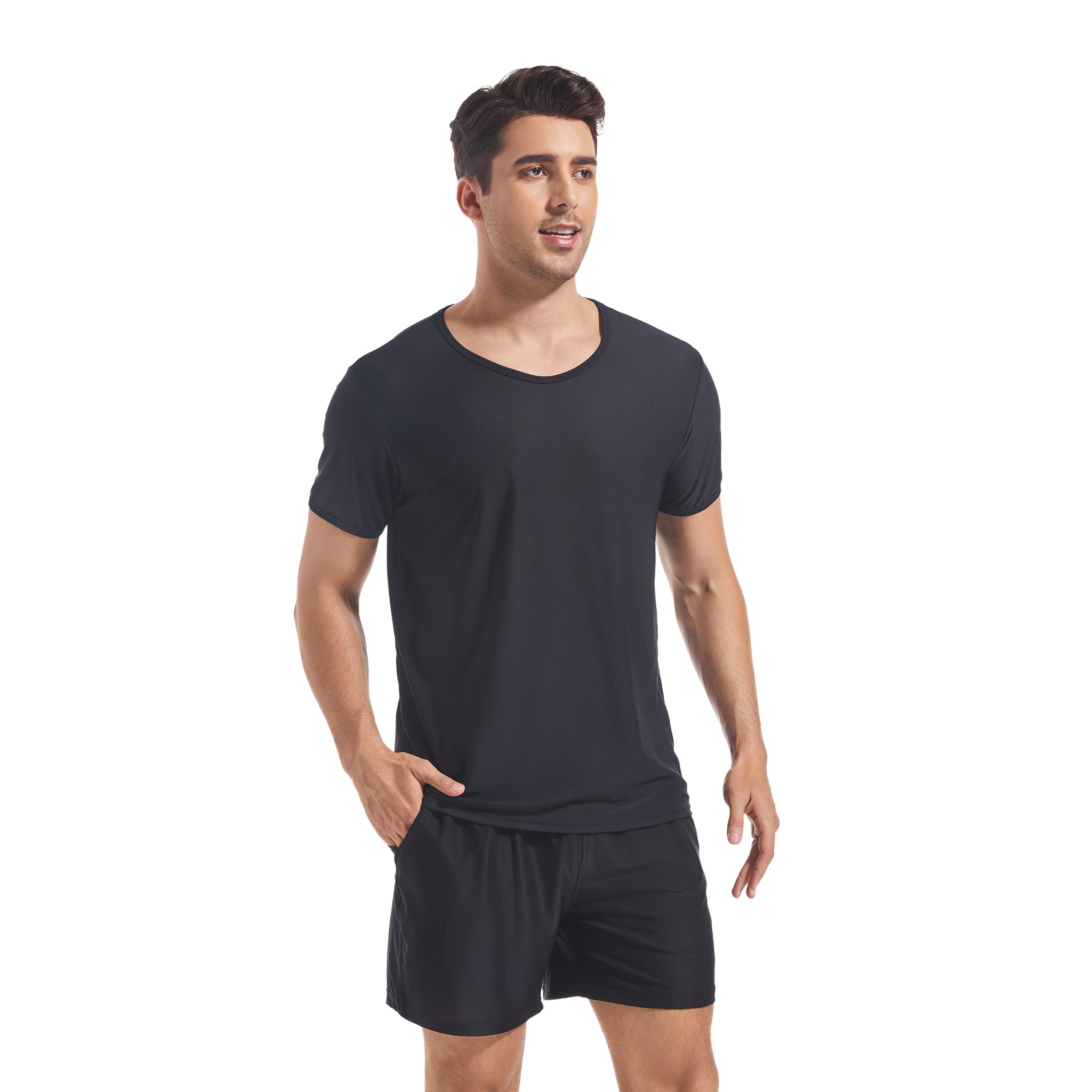 Black Round Neck T-shirt & Shorts Set for Men - Tan Through Minimise Tan Lines Sun-Permeable Mesh Swimwear Male Poolside Sportswear Pocketed