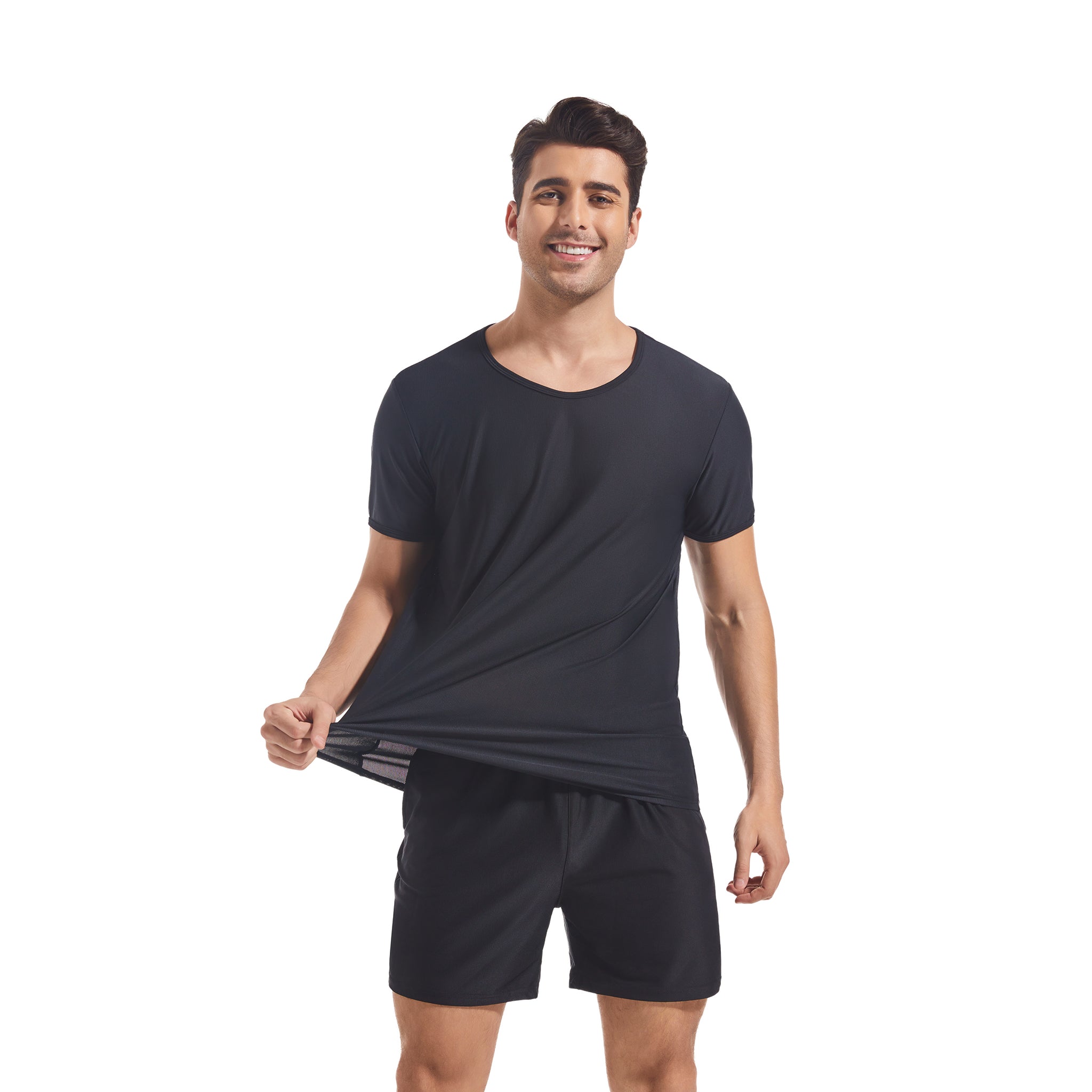 Black Round Neck T-shirt & Shorts Set for Men - Tan Through Minimise Tan Lines Sun-Permeable Mesh Swimwear Male Poolside Sportswear Pocketed