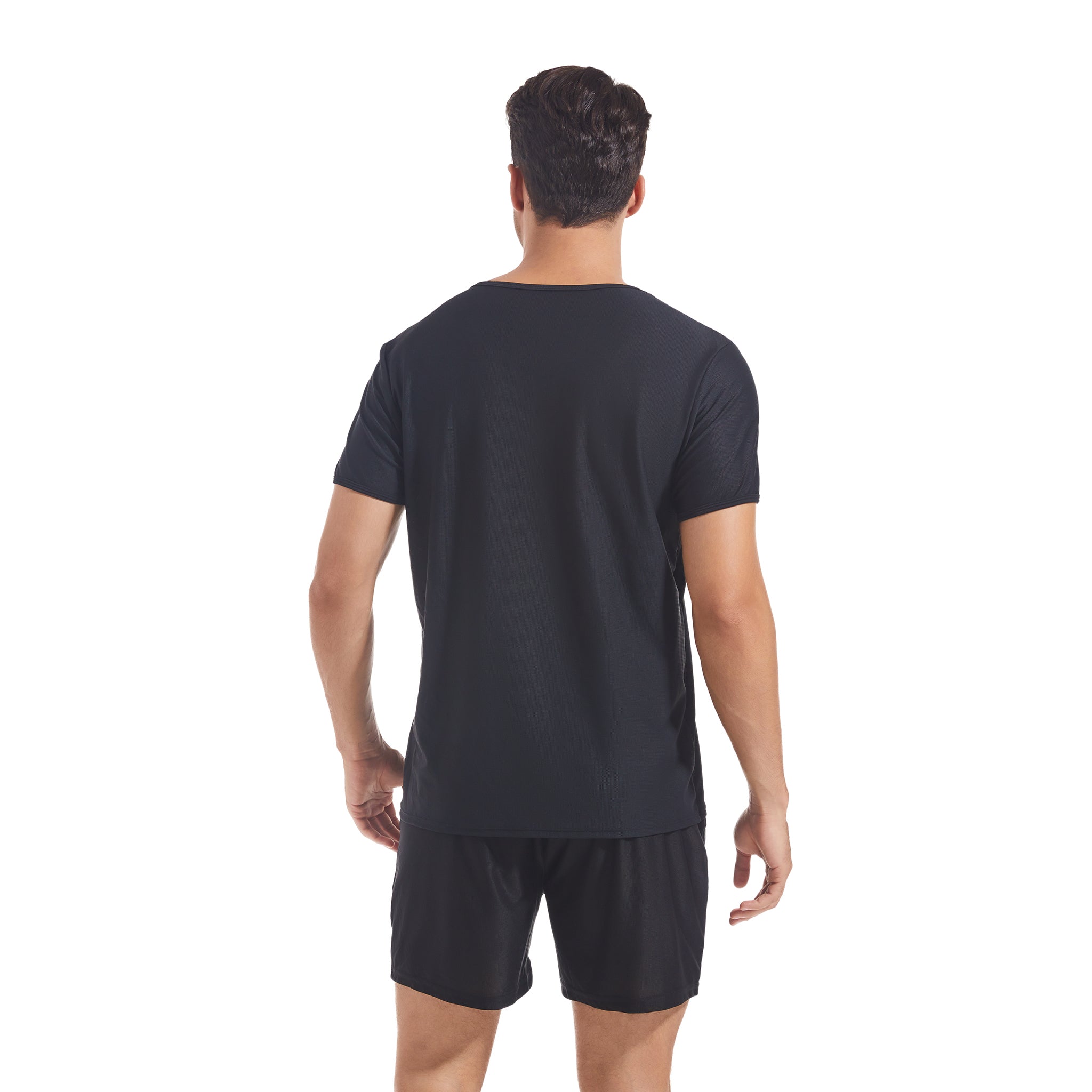 Black Round Neck T-shirt & Shorts Set for Men - Tan Through Minimise Tan Lines Sun-Permeable Mesh Swimwear Male Poolside Sportswear Pocketed