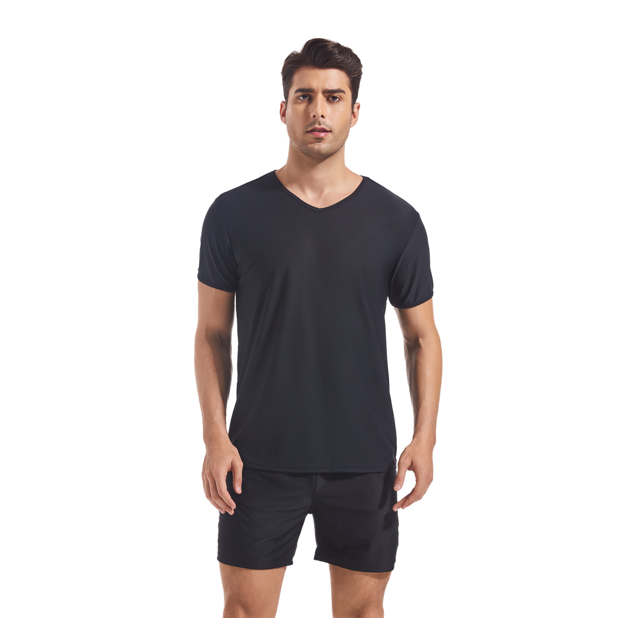 Men's Tan Through Black V-Neck T-Shirt & Shorts | UV-Permeable Fabric for Even Tanning