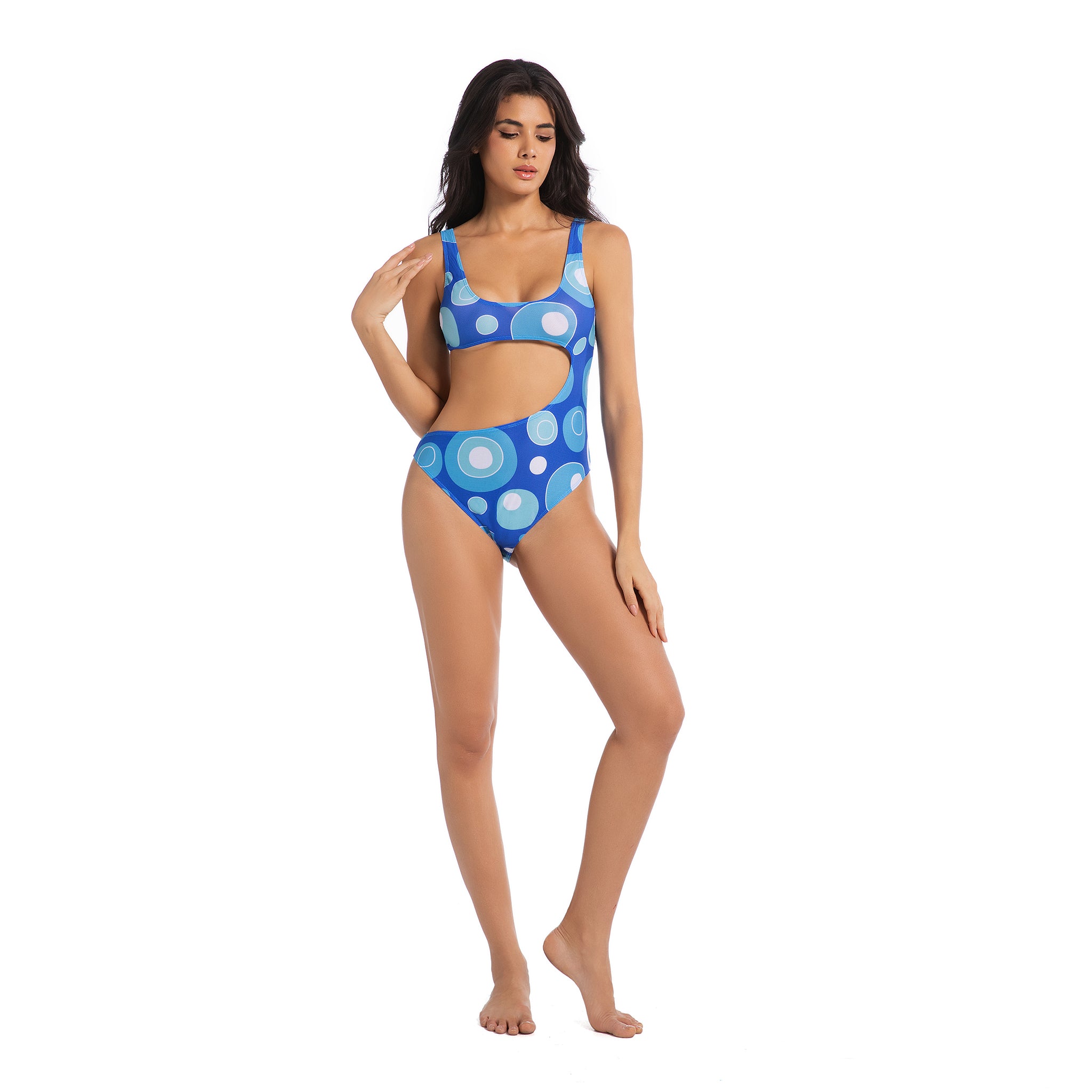 Asymmetrical Cutout One Piece Swimsuit for Women Retro Polka Dot - High-Cut Cheeky Ribbed Female Monokini - Tan Through Minimise Tan Lines Patterned Woman's Holiday Bathing Suit