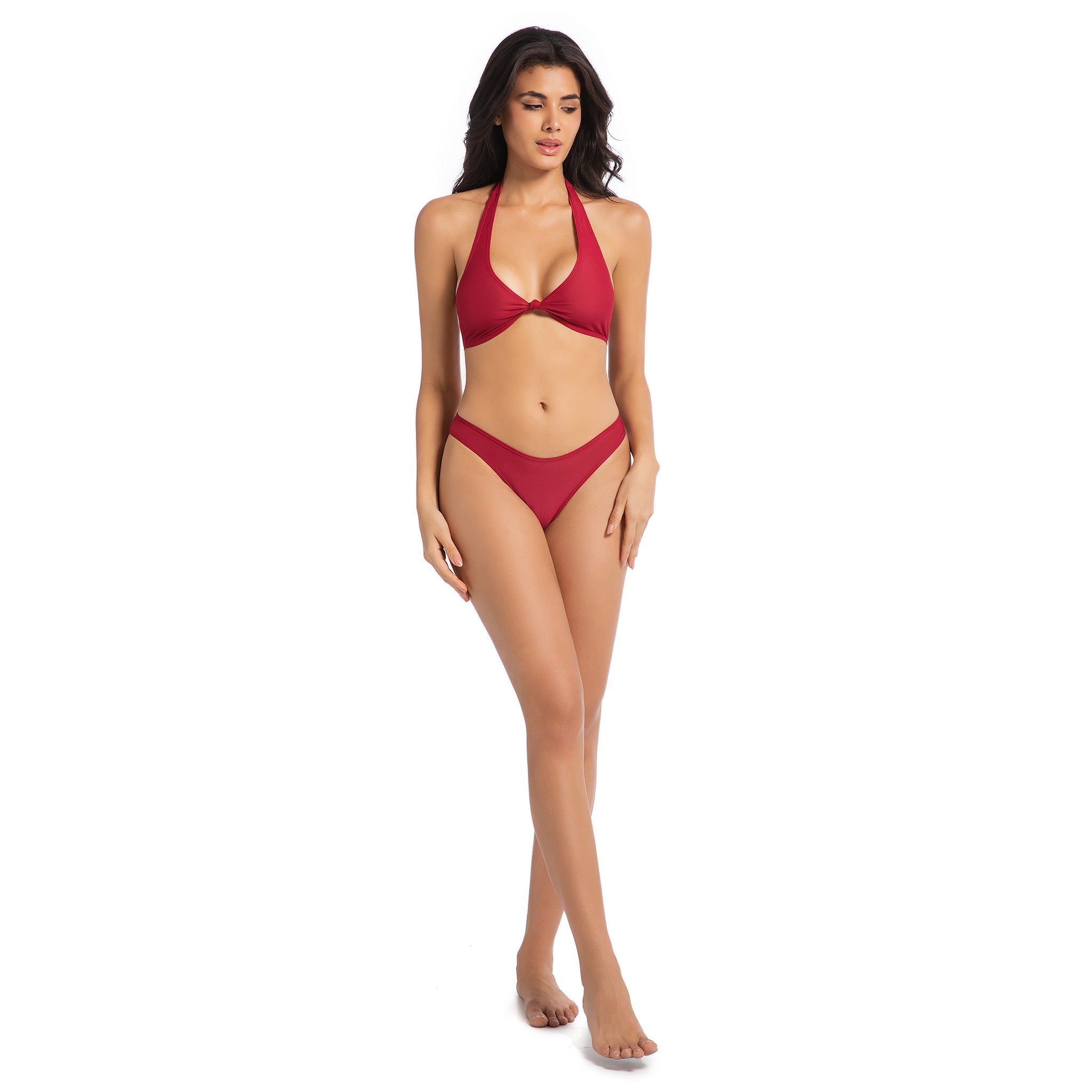 Minimise Tan Lines Tan Through Women's Bikini Set - Cherry Red UV Permeable Woman 2-Piece Swimsuit - Knot Front Halter Ribbed Mid Rise Bathing Suit