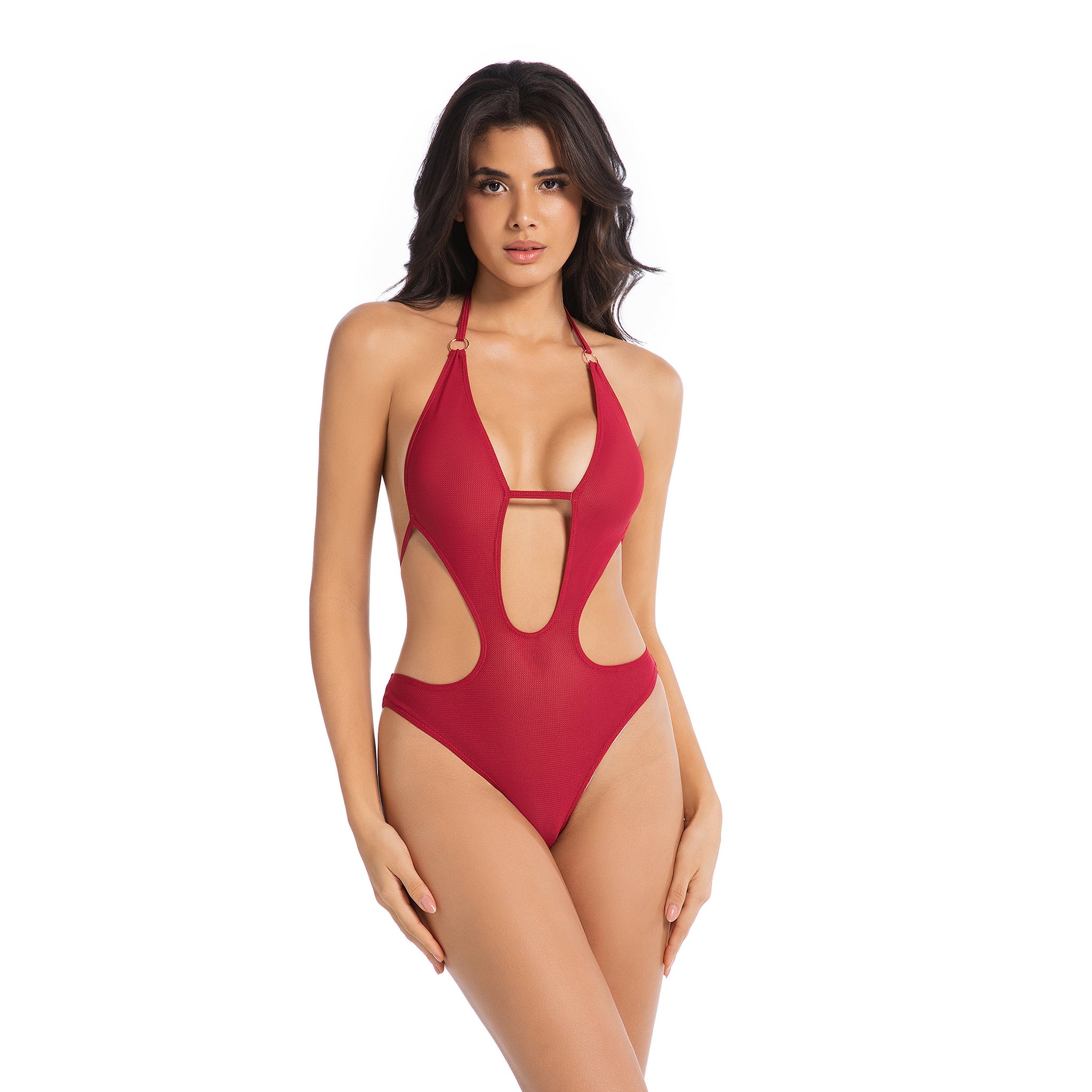 Women's Cherry Red Tan Through One Piece Swimsuit - Gold Ring Halter Cutout Bathing Suit - Minimise Tan Lines UV Permeable Woman Ribbed Deep V High Cut Swimwear