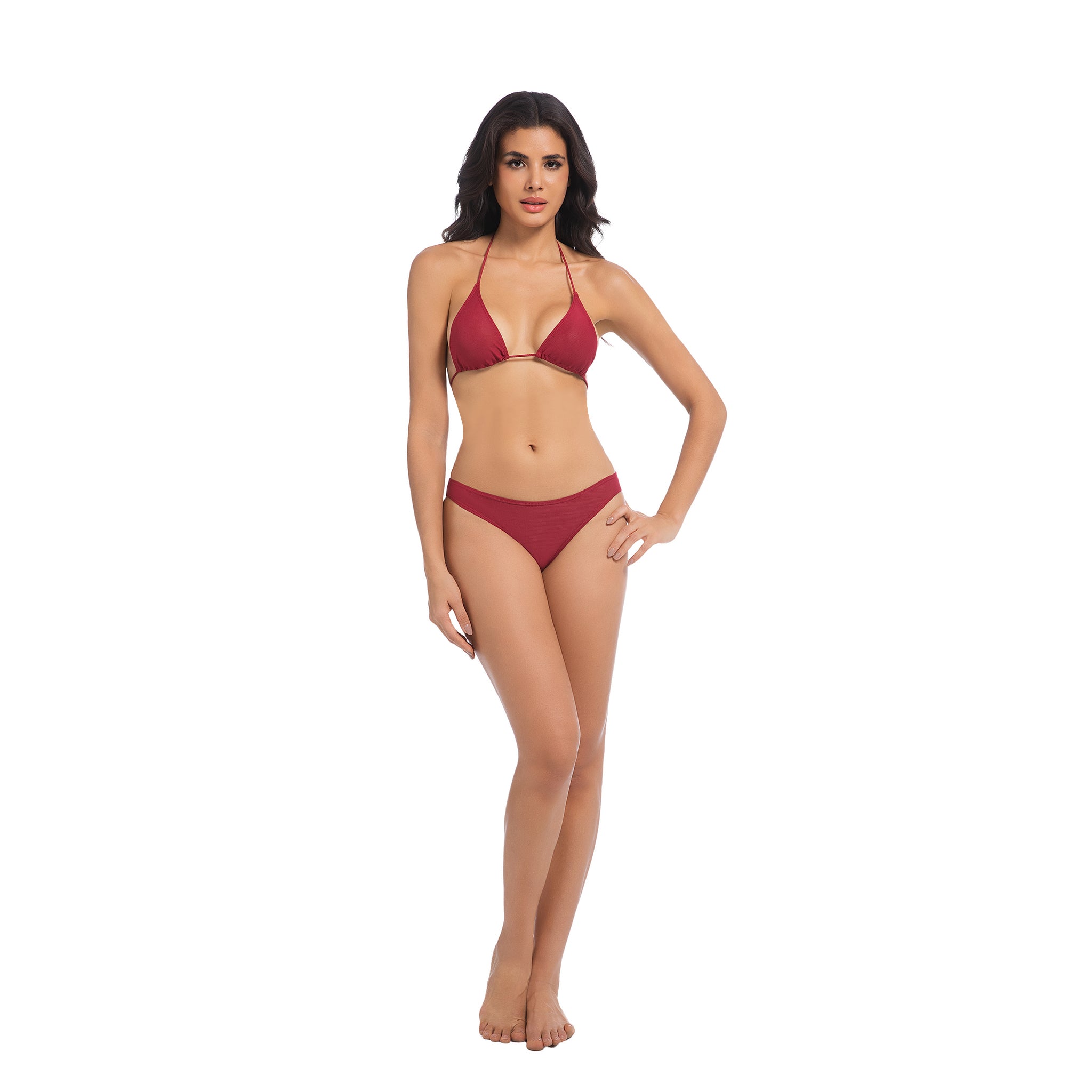 Women's Cherry Red Tan Through Bikini Set - Triangle Halter 2-Piece Swimwear - Minimise Tan Lines UV Permeable Woman Ribbed Minimal High Cut Bathing Suit