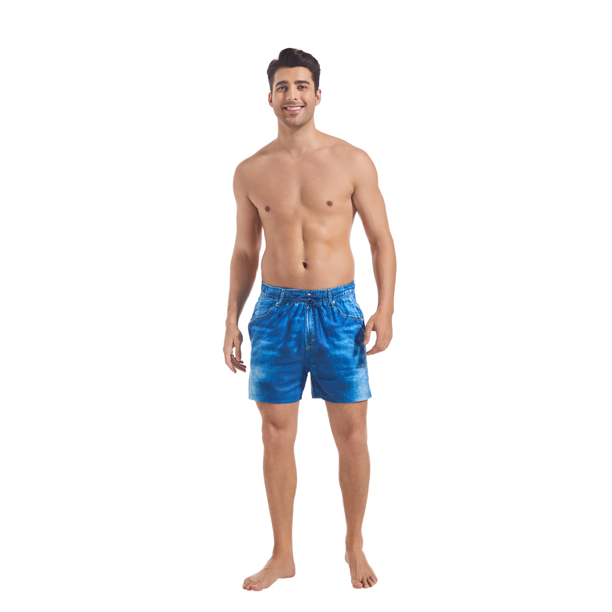Men's Swim Trunks Realistic Denim Print - Minimise Tan Lines Tan Through Quick-Dry Board Shorts - Elastic Waist Drawstring Male Swimwear Casual Pocketed Boardshorts for Man