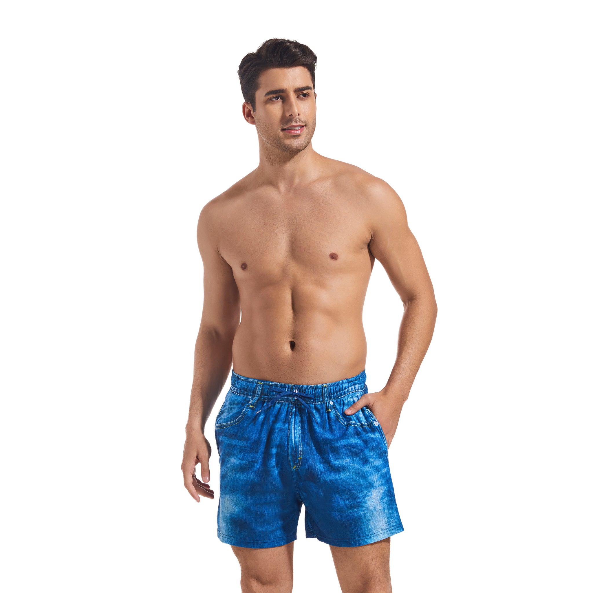 Men's Swim Trunks Realistic Denim Print - Minimise Tan Lines Tan Through Quick-Dry Board Shorts - Elastic Waist Drawstring Male Swimwear Casual Pocketed Boardshorts for Man