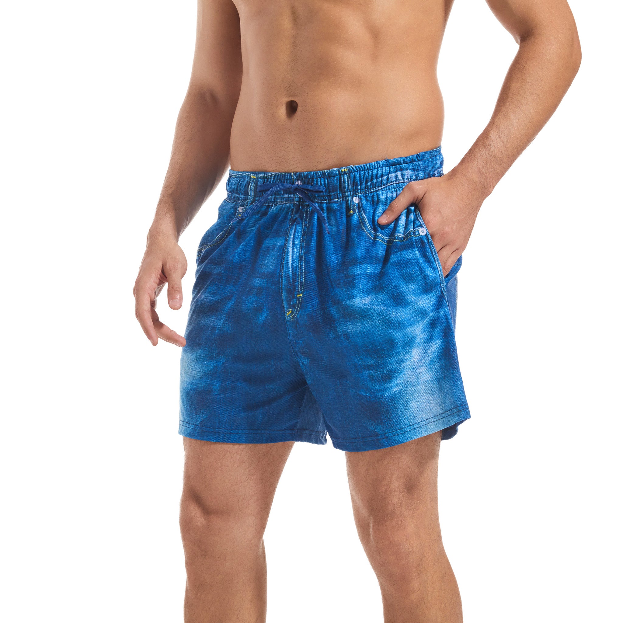 Men's Swim Trunks Realistic Denim Print - Minimise Tan Lines Tan Through Quick-Dry Board Shorts - Elastic Waist Drawstring Male Swimwear Casual Pocketed Boardshorts for Man
