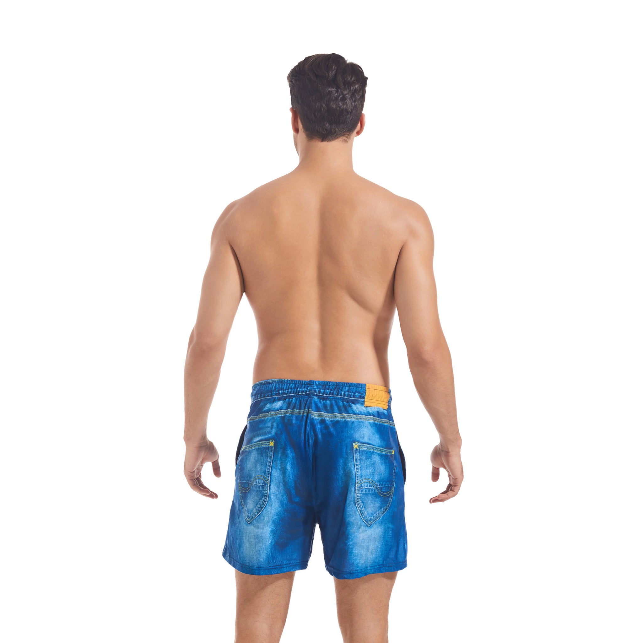 Men's Swim Trunks Realistic Denim Print - Minimise Tan Lines Tan Through Quick-Dry Board Shorts - Elastic Waist Drawstring Male Swimwear Casual Pocketed Boardshorts for Man