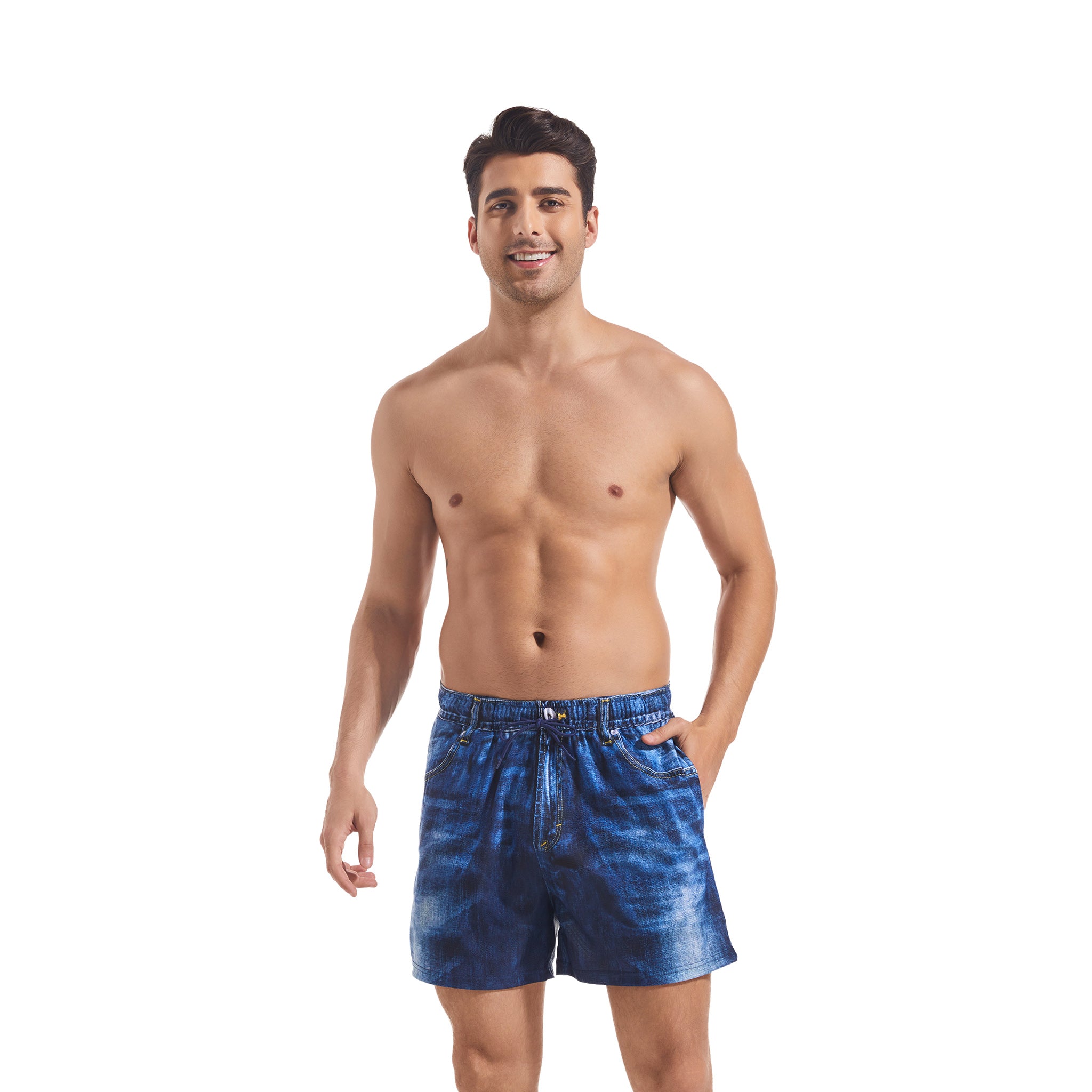Tan Through Minimise Tan Lines Men's Swim Trunks Washed Denim Print - Quick-Dry Elastic Waist Drawstring Board Shorts - Male Casual Multi-Pocket Boardshorts for Man