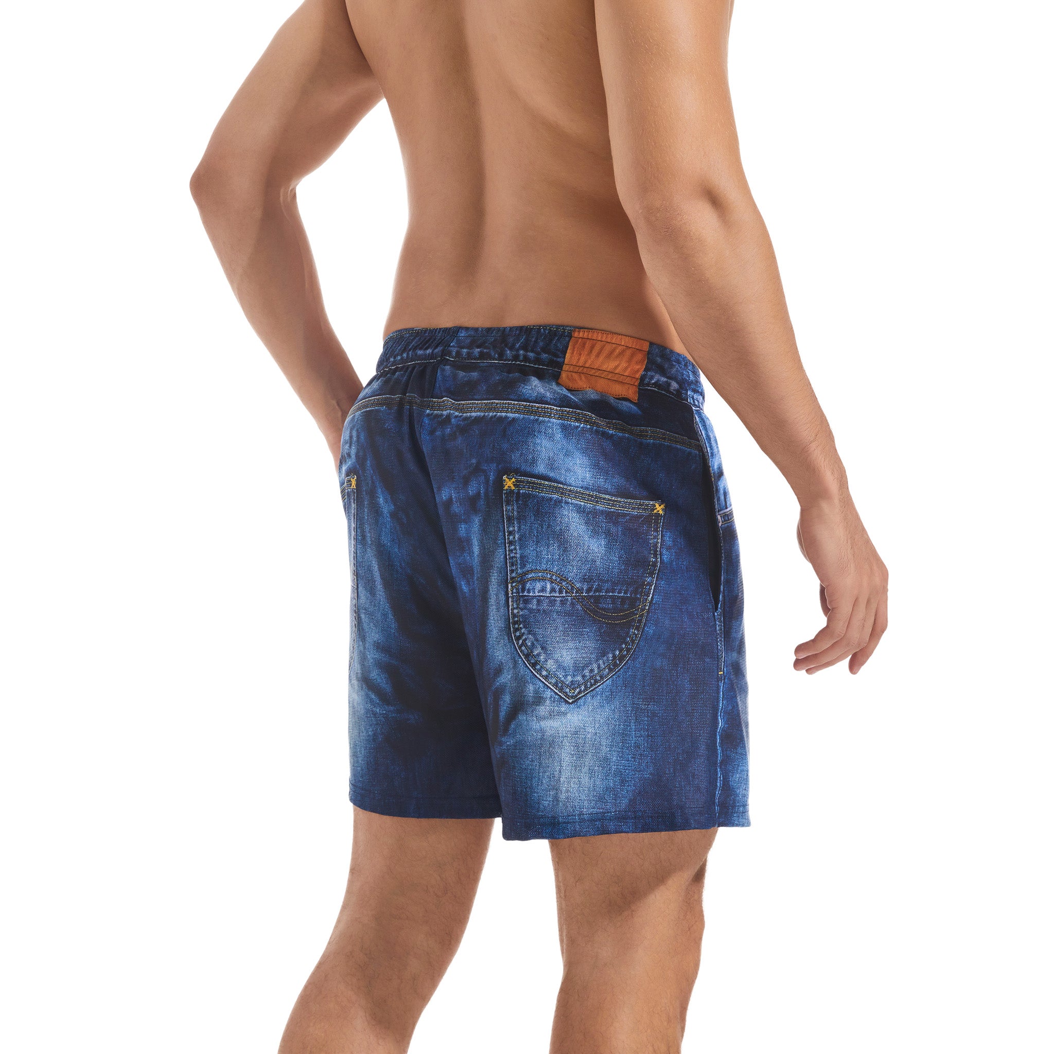 Tan Through Minimise Tan Lines Men's Swim Trunks Washed Denim Print - Quick-Dry Elastic Waist Drawstring Board Shorts - Male Casual Multi-Pocket Boardshorts for Man