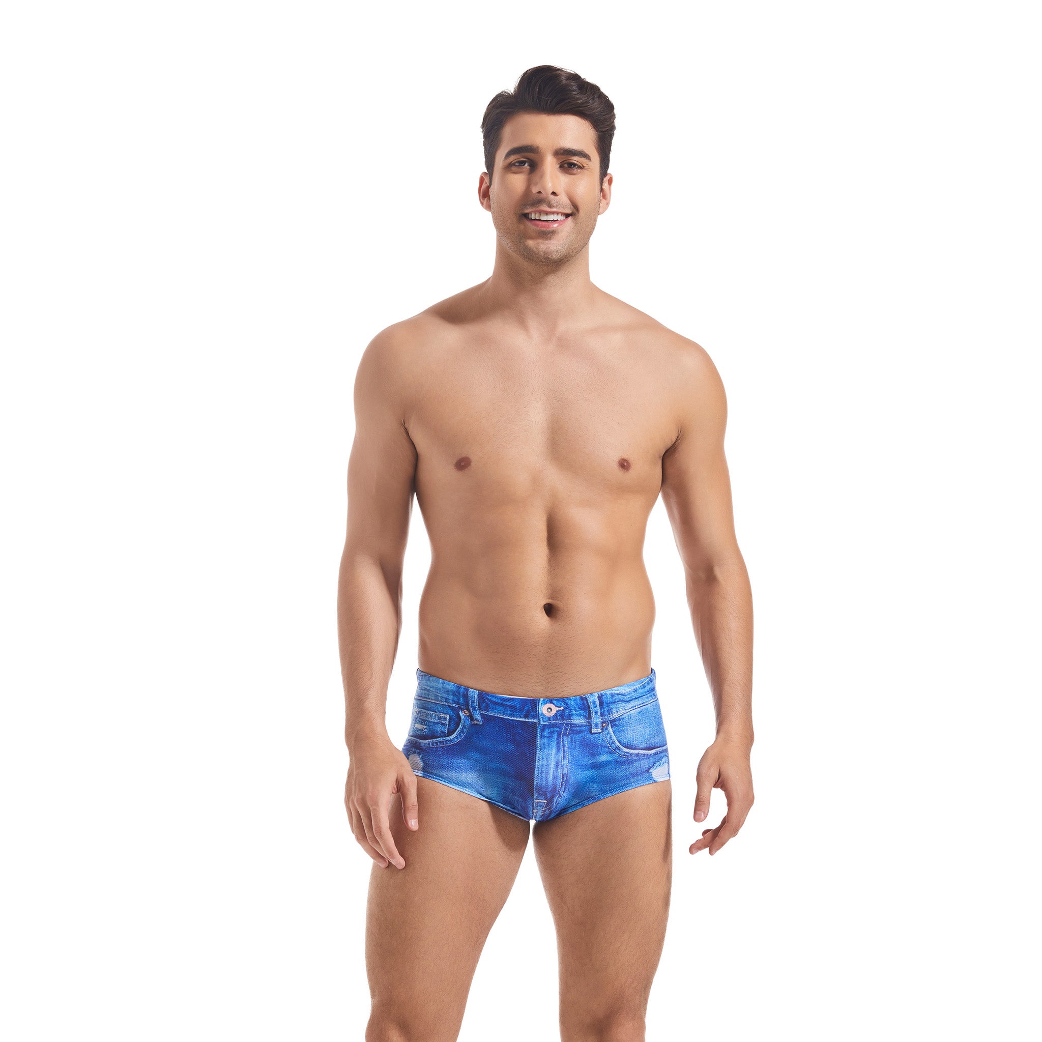 Distressed Denim Print Men's Swim Briefs - Tan Through Minimise Tan Lines Low-Rise Male Swimwear - Quick-Dry Form-Fitting Bikini Trunks for Man Casual Beach Shorts