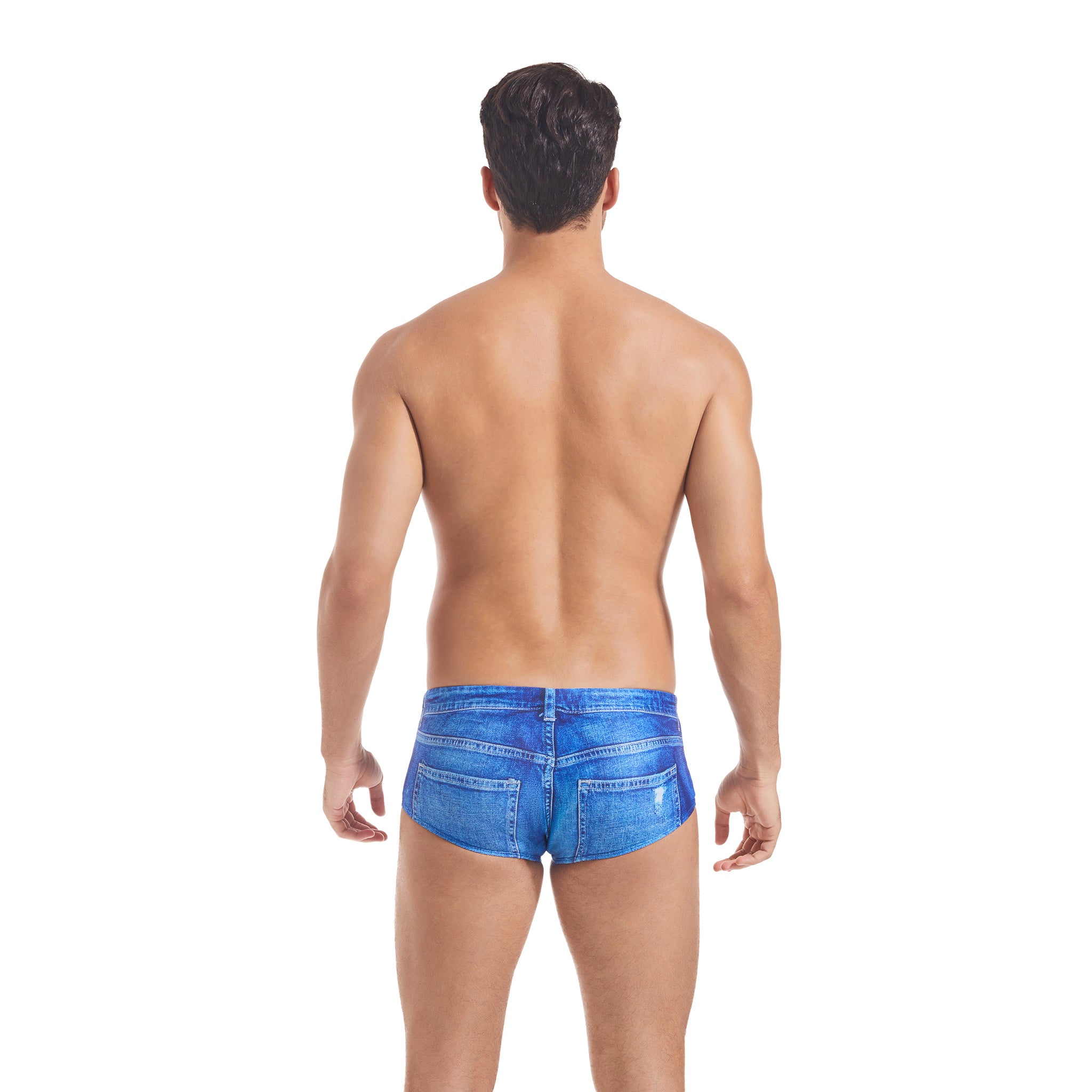 Distressed Denim Print Men's Swim Briefs - Tan Through Minimise Tan Lines Low-Rise Male Swimwear - Quick-Dry Form-Fitting Bikini Trunks for Man Casual Beach Shorts