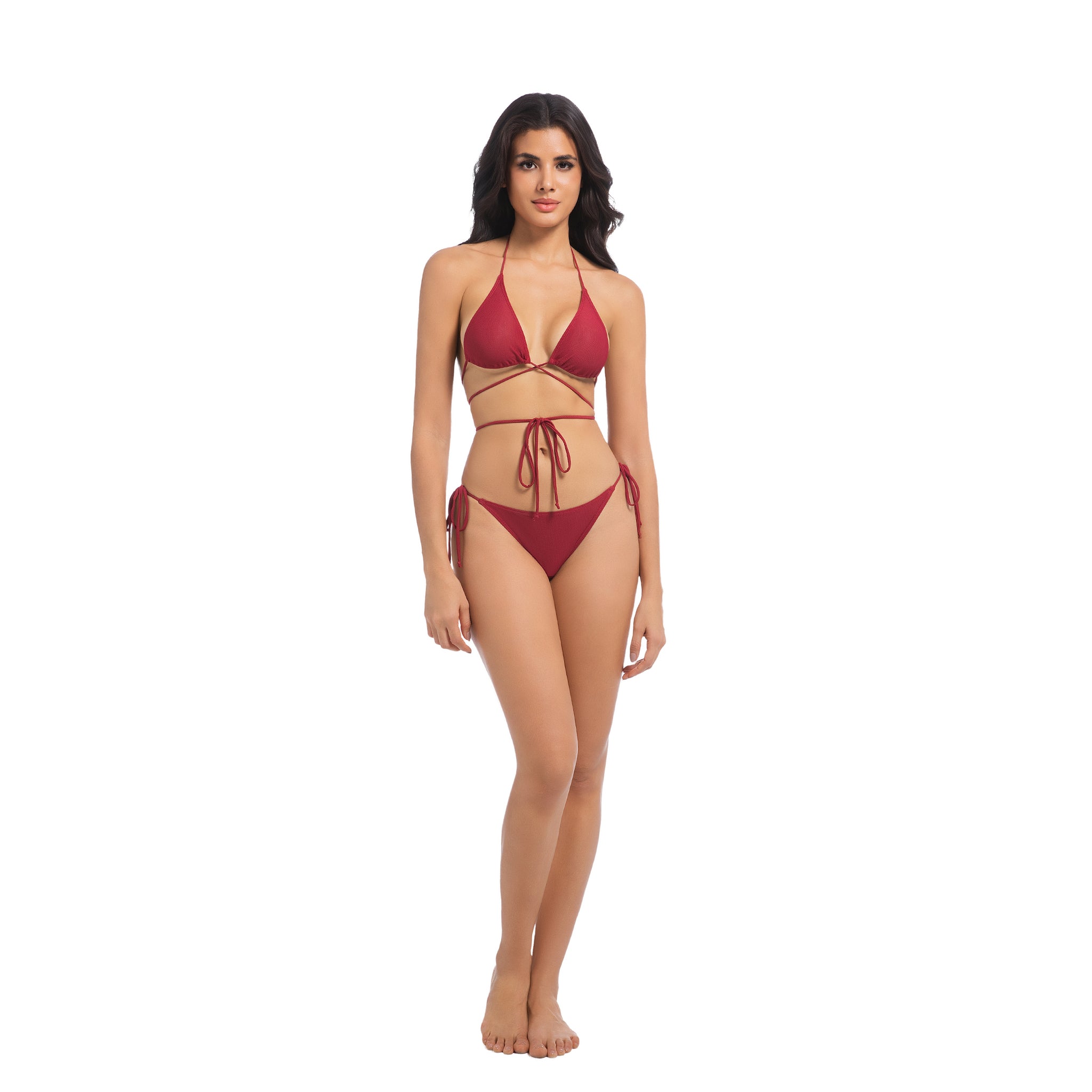 Women's Cherry Red Tan Through Bikini Set - Multi-Way Wrap Around 2-Piece Swimwear - Minimise Tan Lines UV Permeable Woman Ribbed Side Tie Bathing Suit