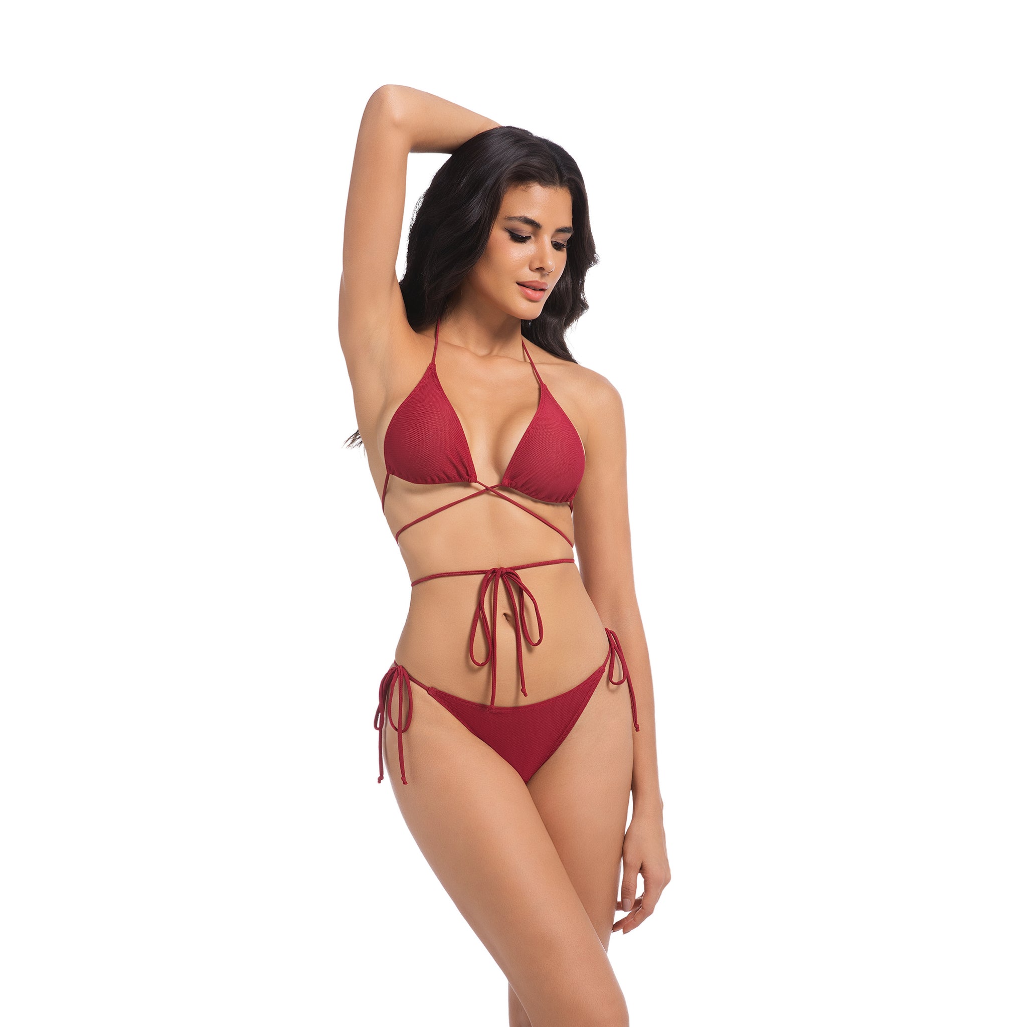Women's Cherry Red Tan Through Bikini Set - Multi-Way Wrap Around 2-Piece Swimwear - Minimise Tan Lines UV Permeable Woman Ribbed Side Tie Bathing Suit