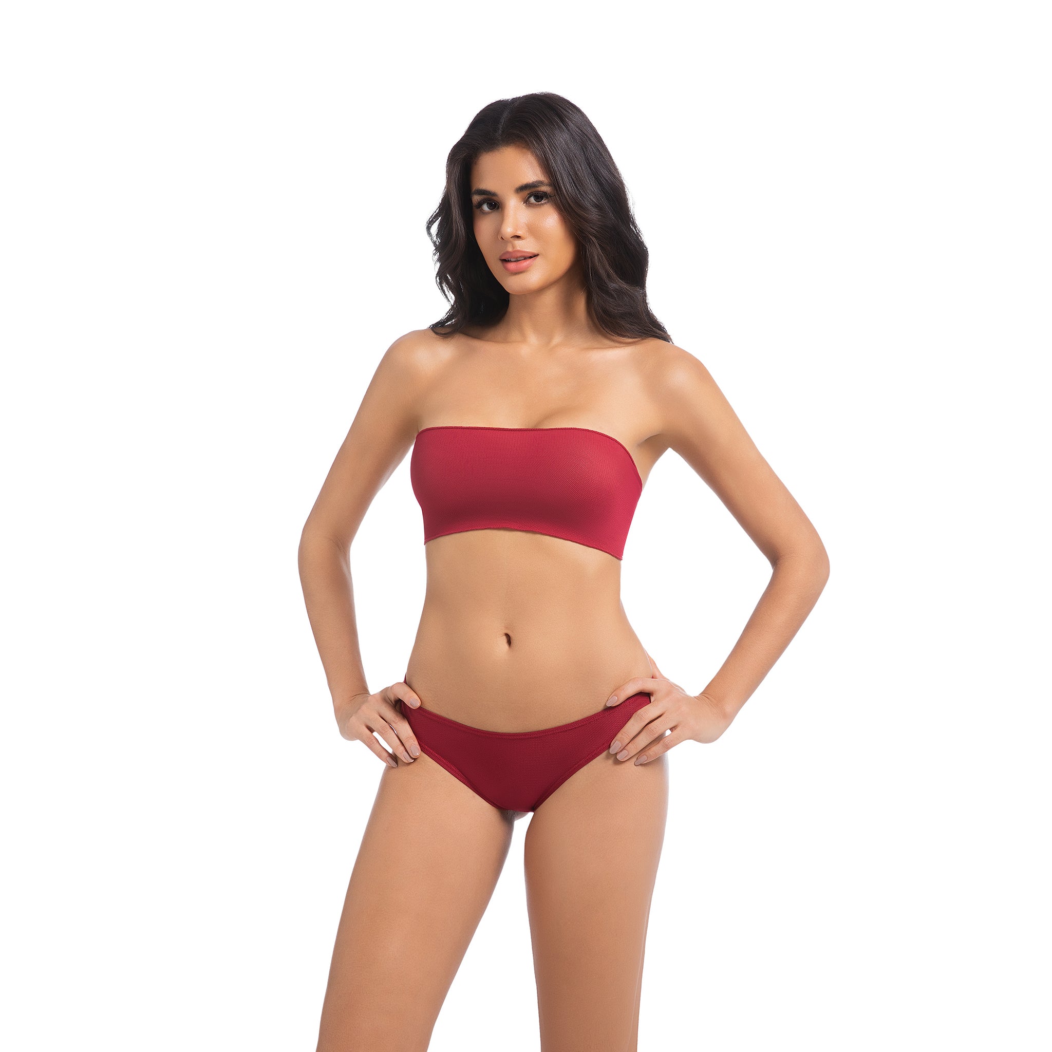 Women's Cherry Red Tan Through Bikini Set - Strapless Bandeau 2-Piece Swimwear - Minimise Tan Lines UV Permeable Woman Ribbed Large Bow Back Bathing Suit