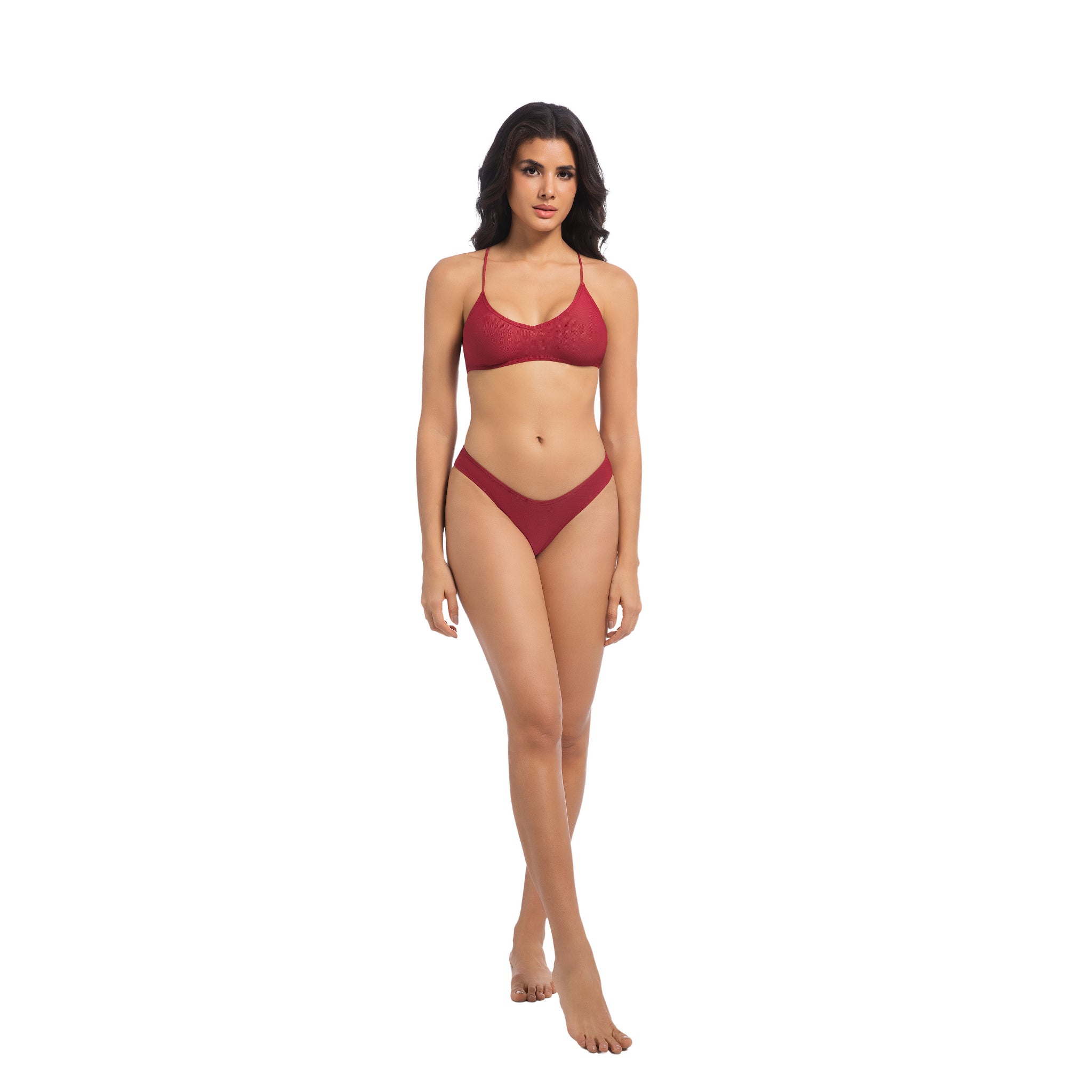 Women's Cherry Red Tan Through Bikini Set - Crisscross Back V-Neck 2-Piece Swimwear - Minimise Tan Lines UV Permeable Woman Ribbed V-Front High Cut Bathing Suit