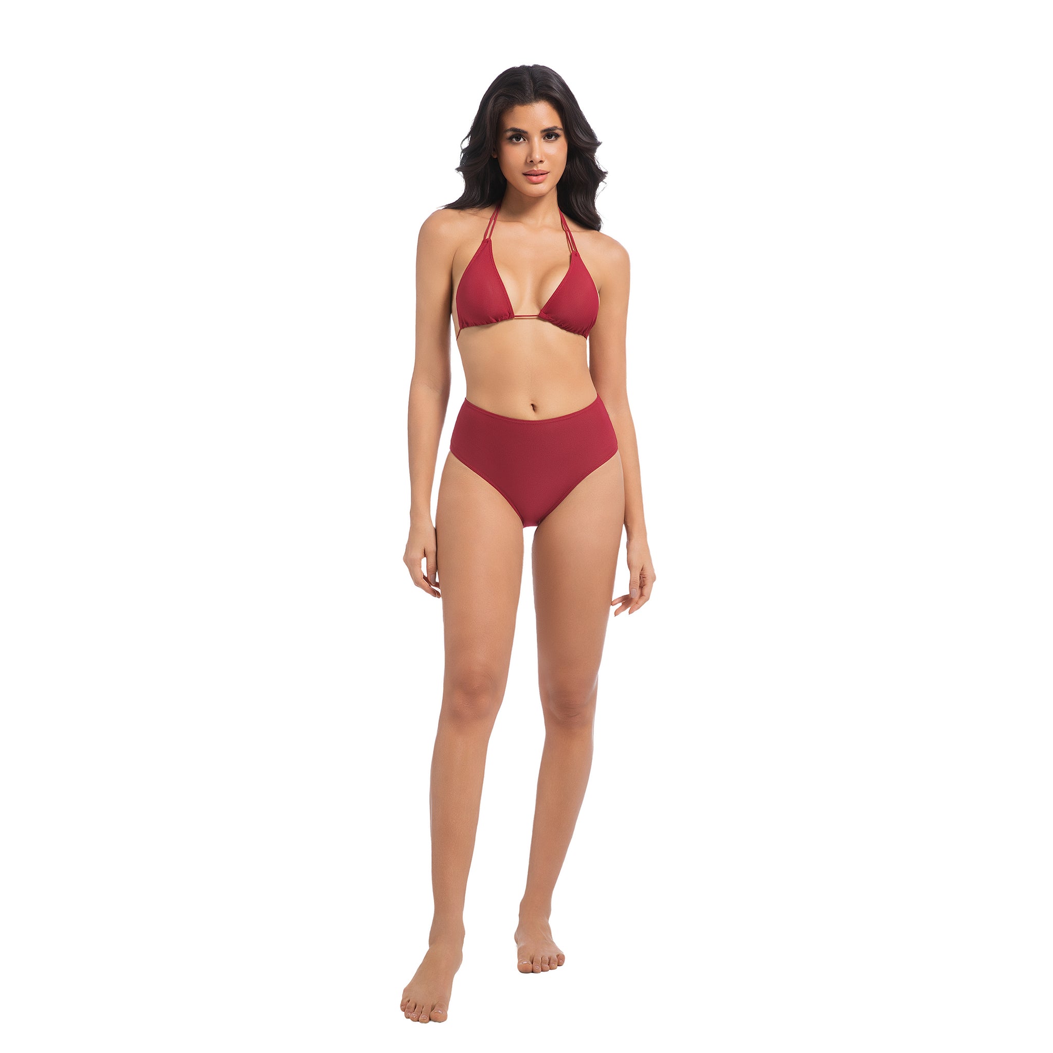 Women's Cherry Red Tan Through Bikini Set - Double Strap Halter 2-Piece Swimwear - Minimise Tan Lines UV Permeable Woman Ribbed High Waisted Bathing Suit