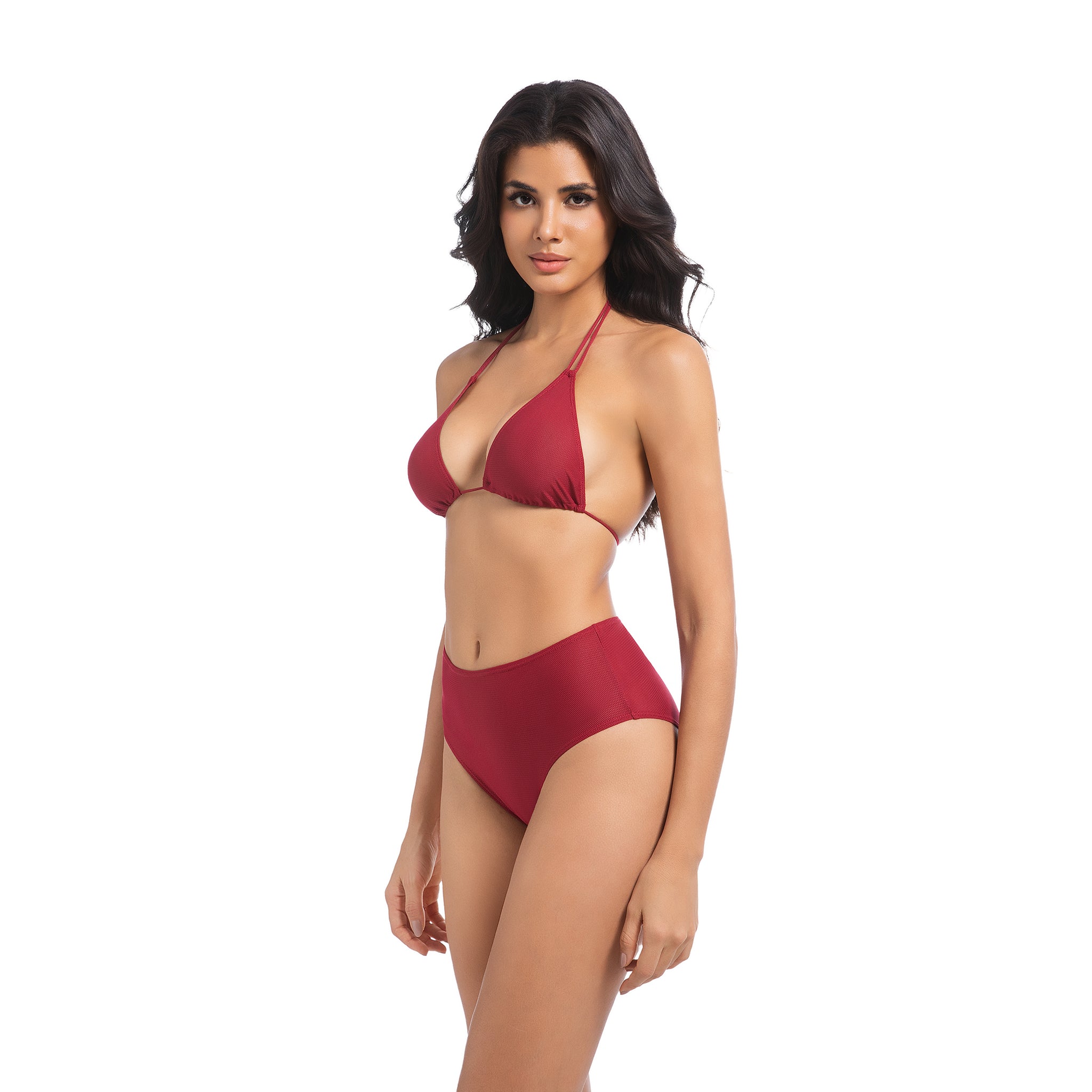 Women's Cherry Red Tan Through Bikini Set - Double Strap Halter 2-Piece Swimwear - Minimise Tan Lines UV Permeable Woman Ribbed High Waisted Bathing Suit