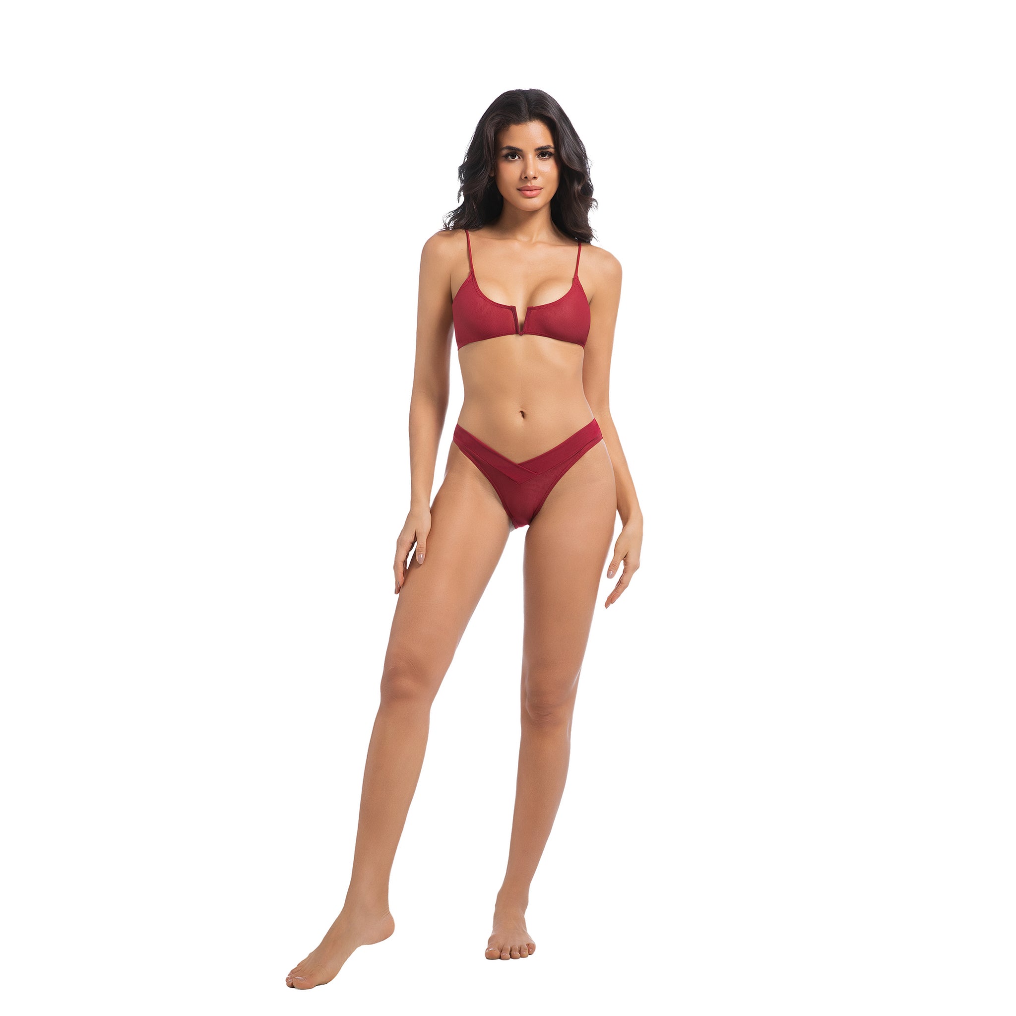 Women's Tan Through Cherry Red Bikini Set - Minimise Tan Lines UV Permeable Woman 2-Piece Swimsuit - Ribbed V-Notch Bow Tie Back & Layered V-Waist Bathing Suit