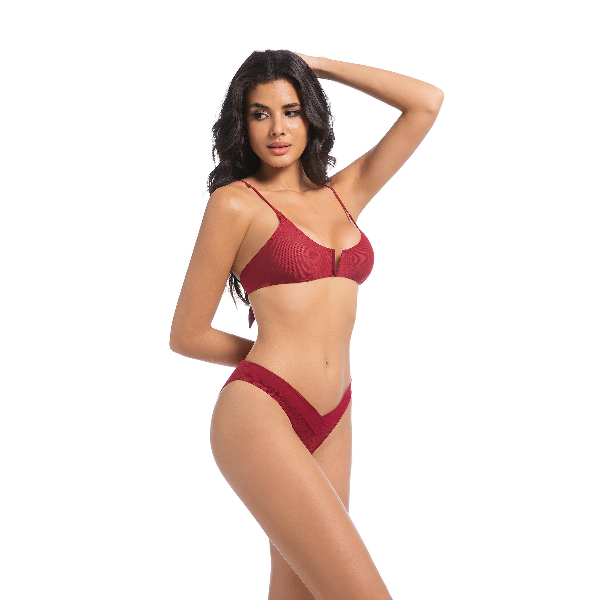 Women's Tan Through Cherry Red Bikini Set - Minimise Tan Lines UV Permeable Woman 2-Piece Swimsuit - Ribbed V-Notch Bow Tie Back & Layered V-Waist Bathing Suit