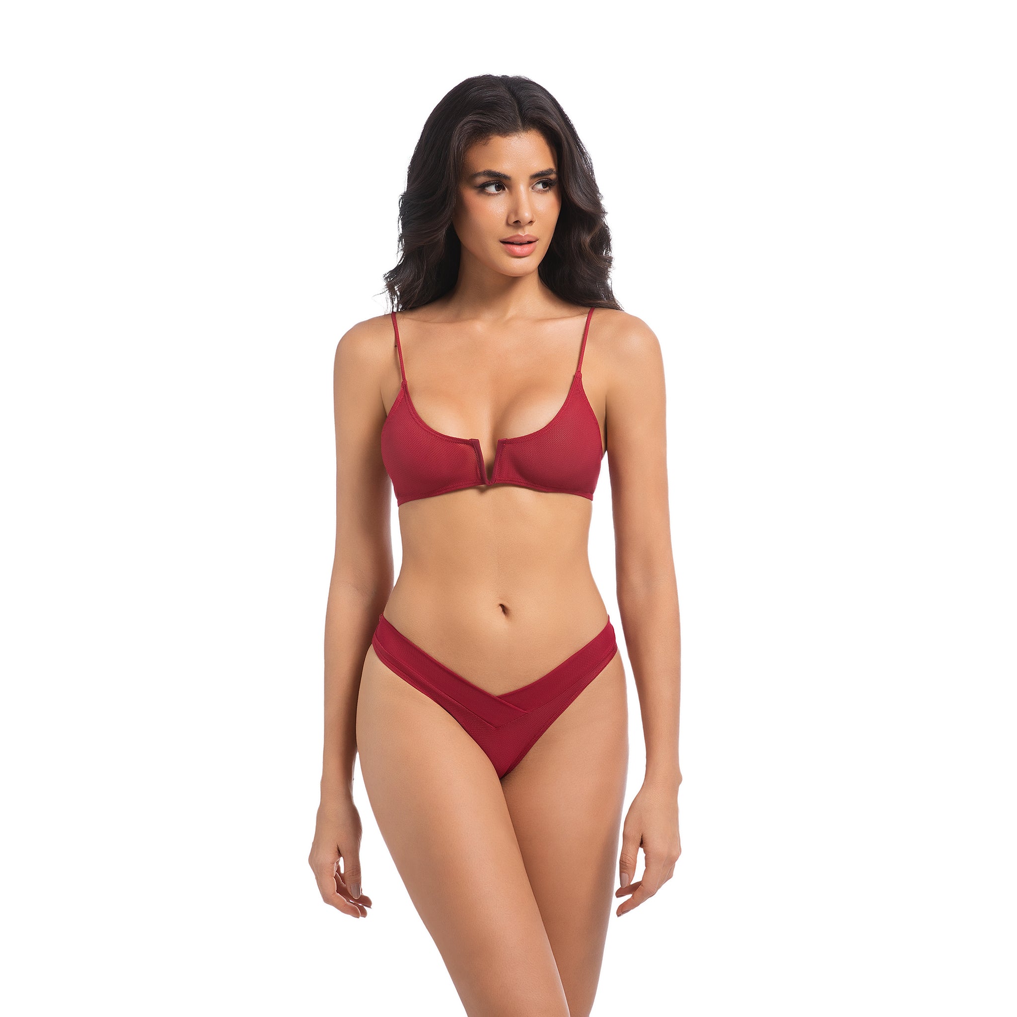 Women's Tan Through Cherry Red Bikini Set - Minimise Tan Lines UV Permeable Woman 2-Piece Swimsuit - Ribbed V-Notch Bow Tie Back & Layered V-Waist Bathing Suit