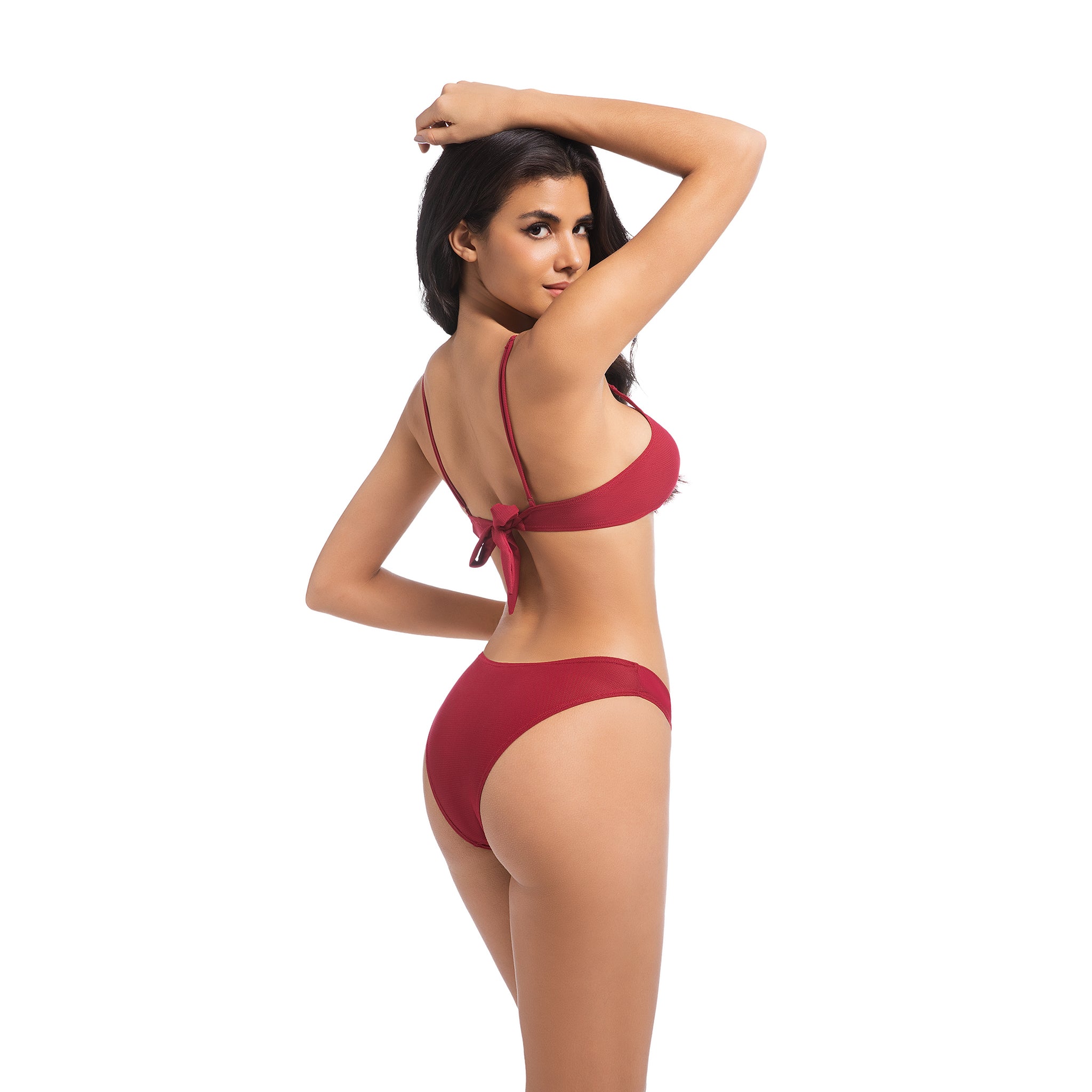 Women's Tan Through Cherry Red Bikini Set - Minimise Tan Lines UV Permeable Woman 2-Piece Swimsuit - Ribbed V-Notch Bow Tie Back & Layered V-Waist Bathing Suit