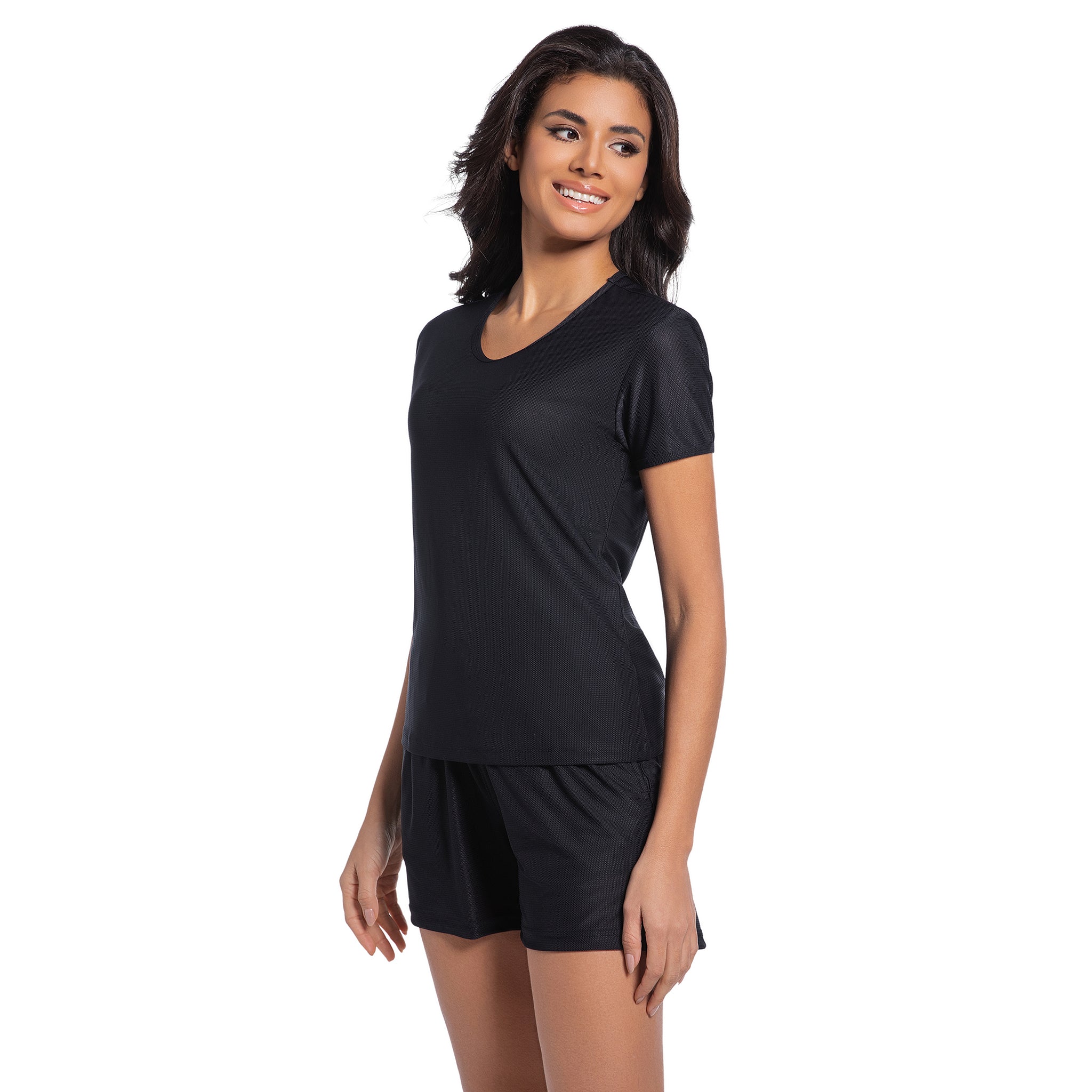 Women's Tan Through Black Short Sleeve Top & Shorts Set - Sun-Permeable Minimise Tan Lines Mesh Swimwear Female Modest Rash Guard