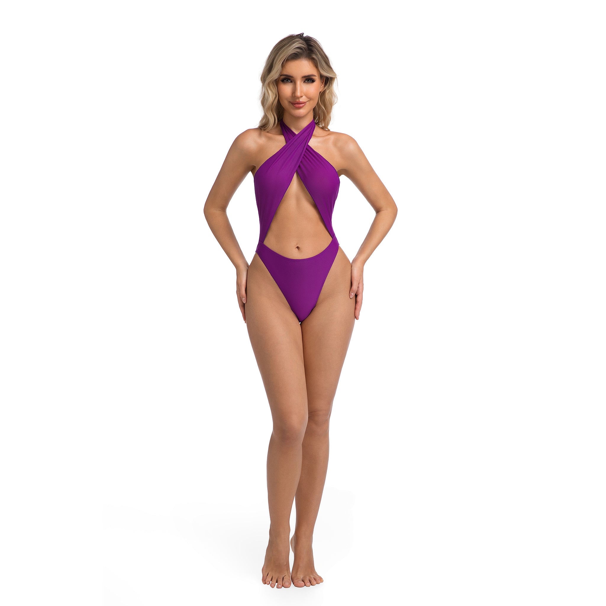 Crisscross Halter Cutout Monokini Violet Ribbed Fabric - Minimise Tan Lines Tan Through One-Piece Swimsuit for Women - High Leg Cheeky Bathing Suit Female Bold Front Cut-Out Resort Wear Woman's