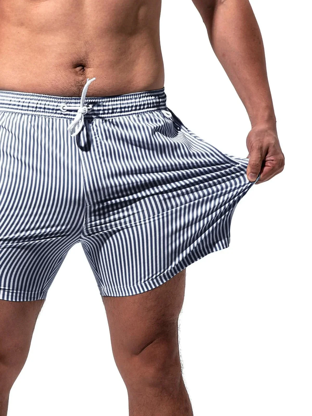 Navy Stripe Beach Trunks for Men - Tan Through Minimise Tan Lines - Sun-Permeable Pocketed Quick-Dry Men's Swimwear Male Bathing Suit