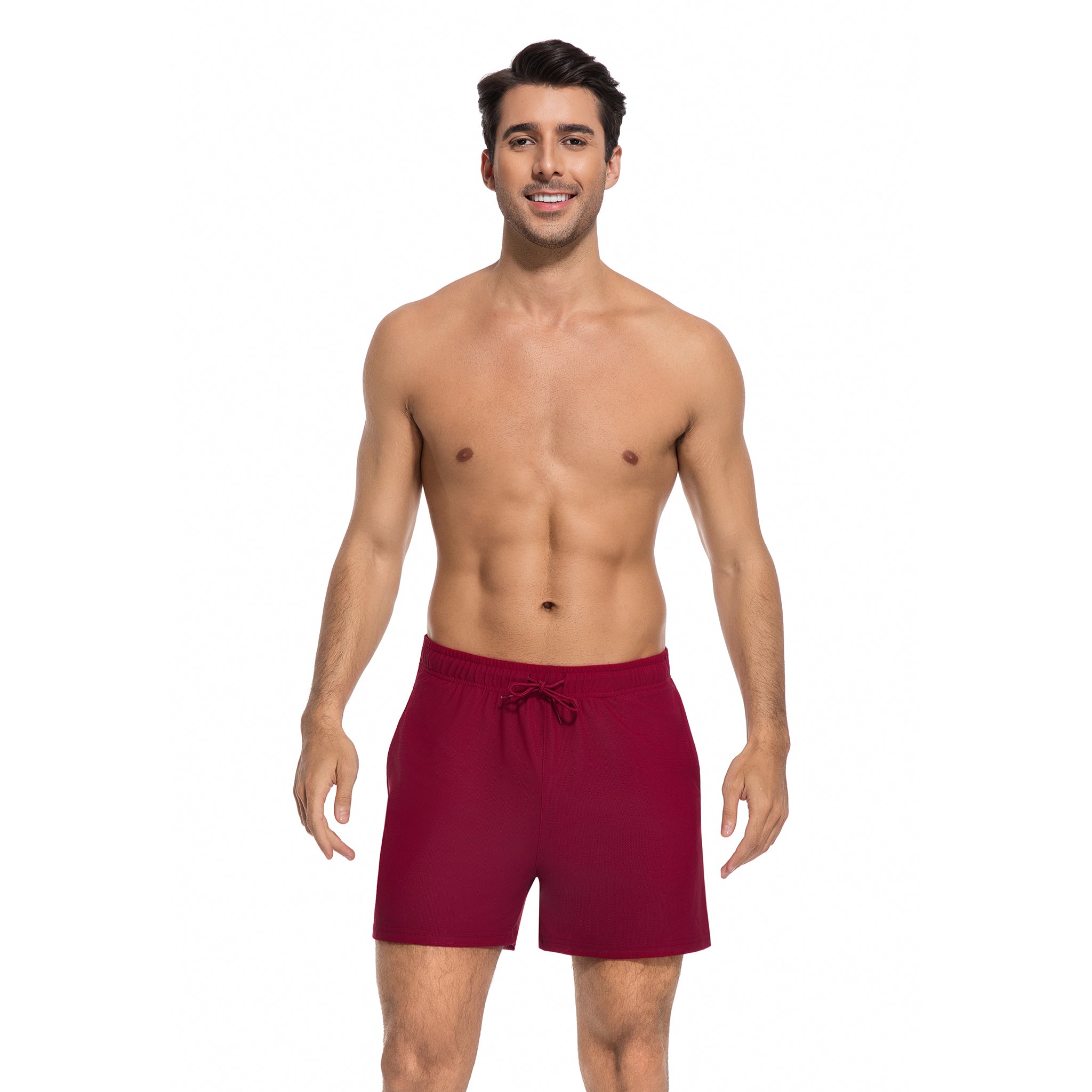 Maroon Men's Tan Through Swim Trunks - Minimise Tan Lines Male Beach Shorts - UV Permeable Quick-Dry Man's Swimwear with Pockets