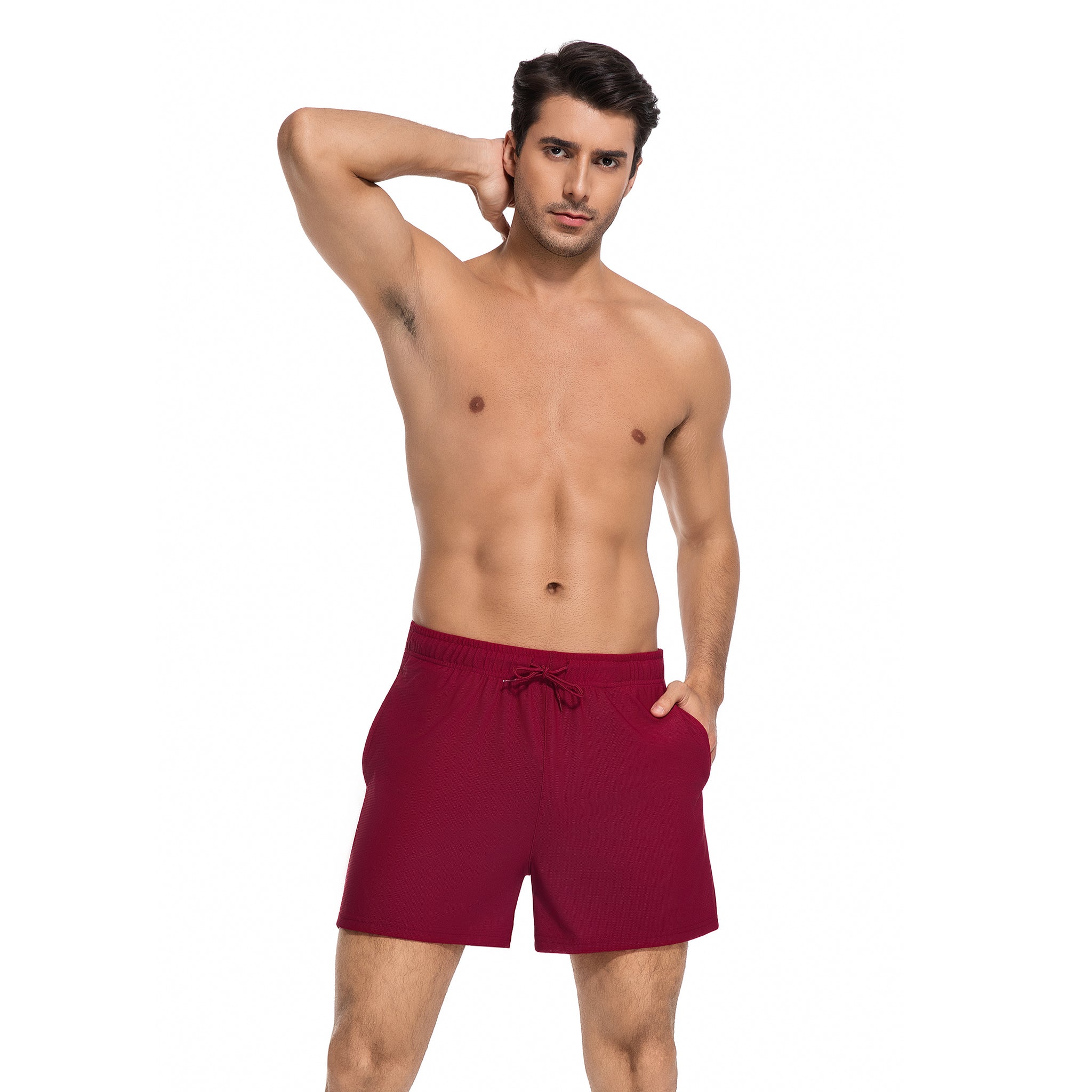 Maroon Men's Tan Through Swim Trunks - Minimise Tan Lines Male Beach Shorts - UV Permeable Quick-Dry Man's Swimwear with Pockets