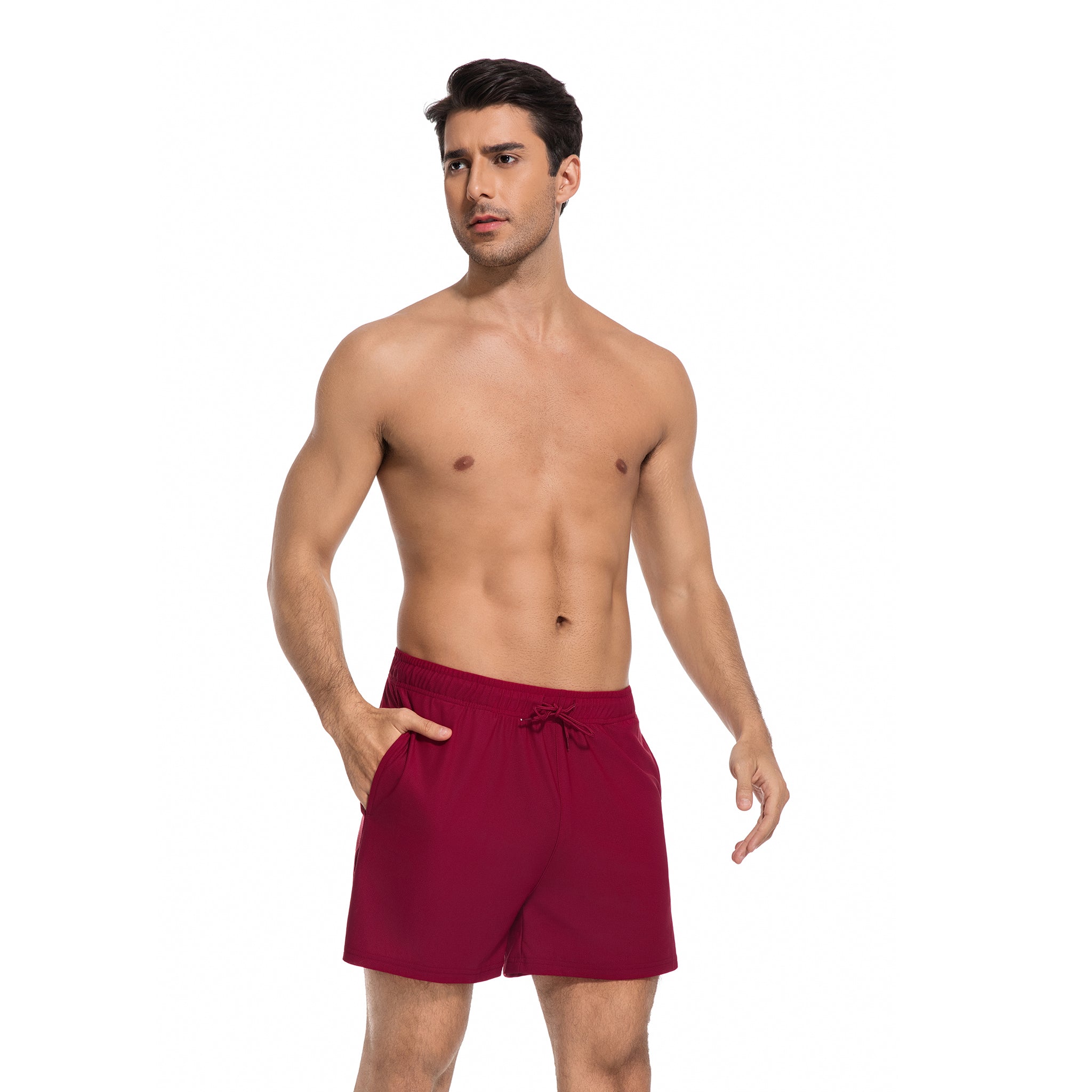 Maroon Men's Tan Through Swim Trunks - Minimise Tan Lines Male Beach Shorts - UV Permeable Quick-Dry Man's Swimwear with Pockets