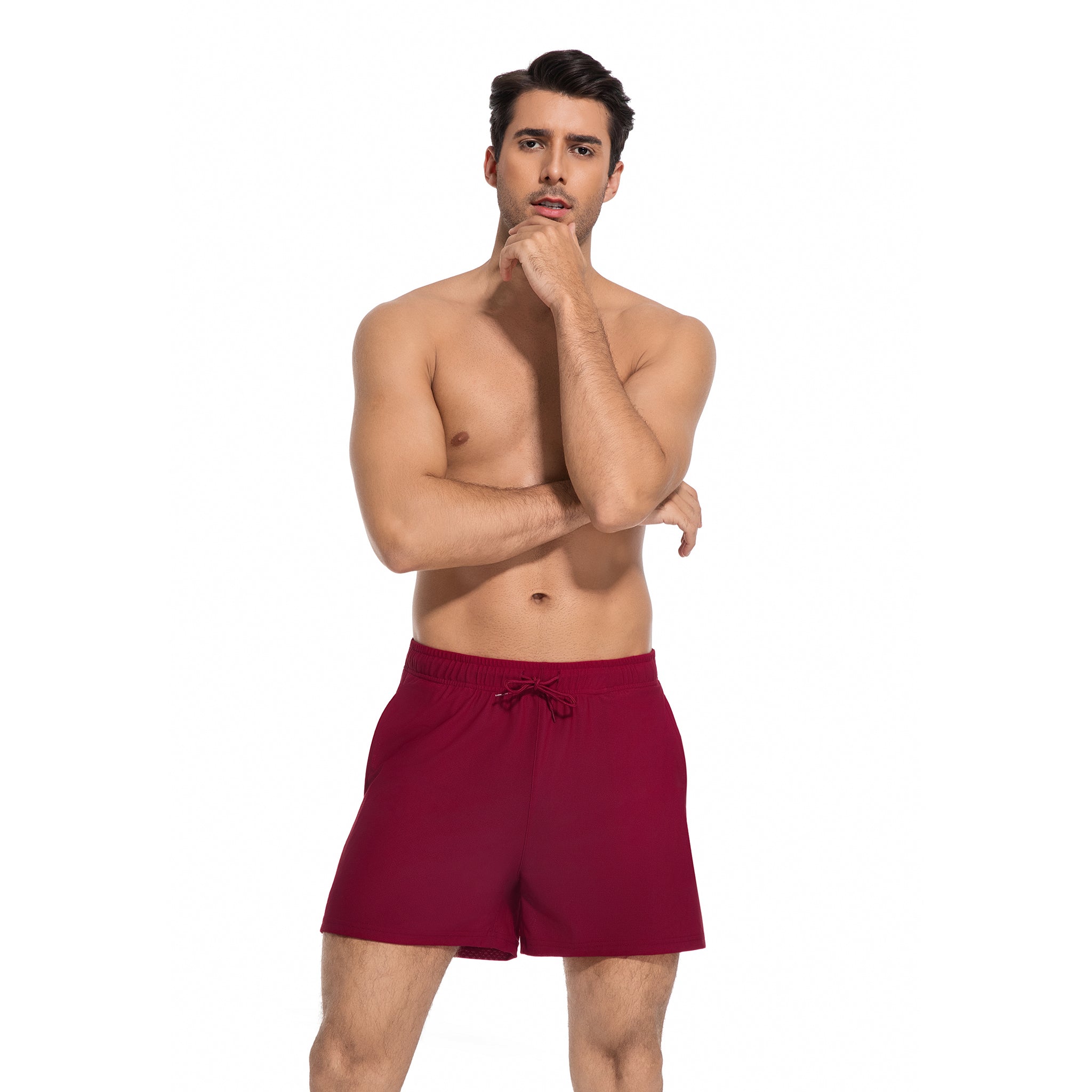 Maroon Men's Tan Through Swim Trunks - Minimise Tan Lines Male Beach Shorts - UV Permeable Quick-Dry Man's Swimwear with Pockets