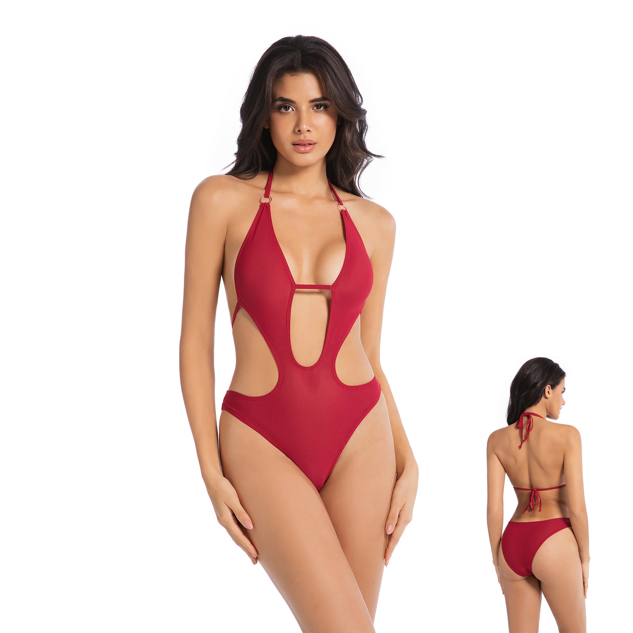 Women's Cherry Red Tan Through One Piece Swimsuit - Gold Ring Halter Cutout Bathing Suit - Minimise Tan Lines UV Permeable Woman Ribbed Deep V High Cut Swimwear