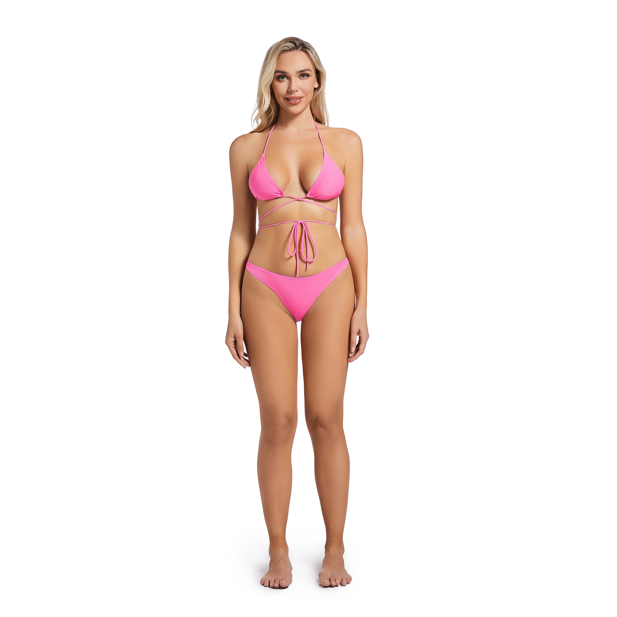 Wrap Around Halter Swimsuit for Women - Ribbed Pink Triangle Two Piece - Minimise Tan Lines Female High Leg Tan Through Bikini Set Woman's Beachwear