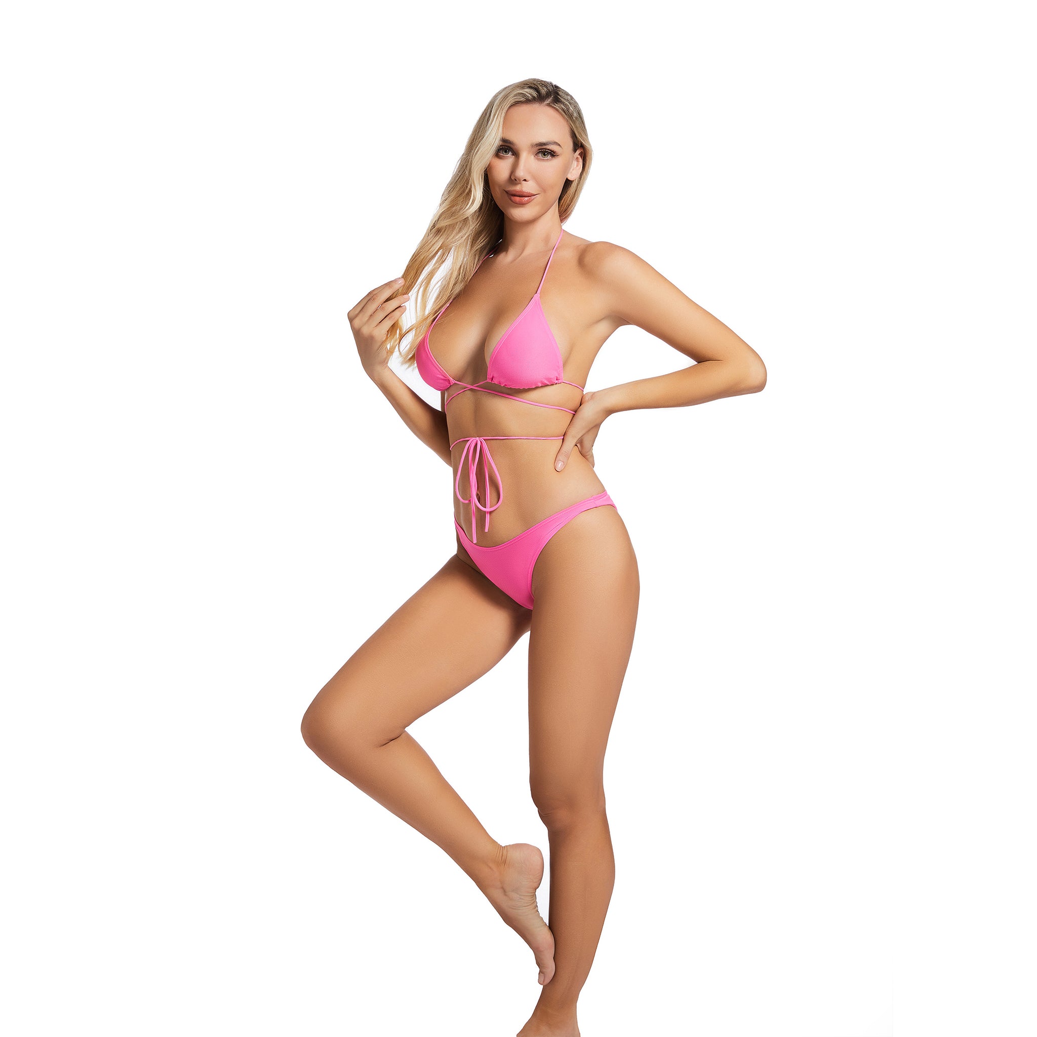 Wrap Around Halter Swimsuit for Women - Ribbed Pink Triangle Two Piece - Minimise Tan Lines Female High Leg Tan Through Bikini Set Woman's Beachwear