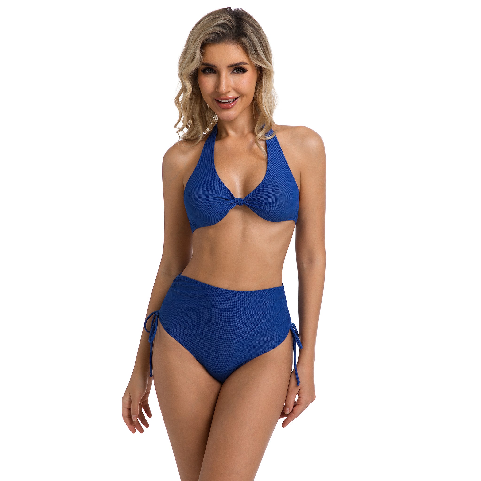 Blue High Waisted Tan Through Bikini Set - Side Tie Adjustable Swimwear - Minimise Tan Lines UV Permeable Front Knot Halter & Ruched Tummy Control Two Piece