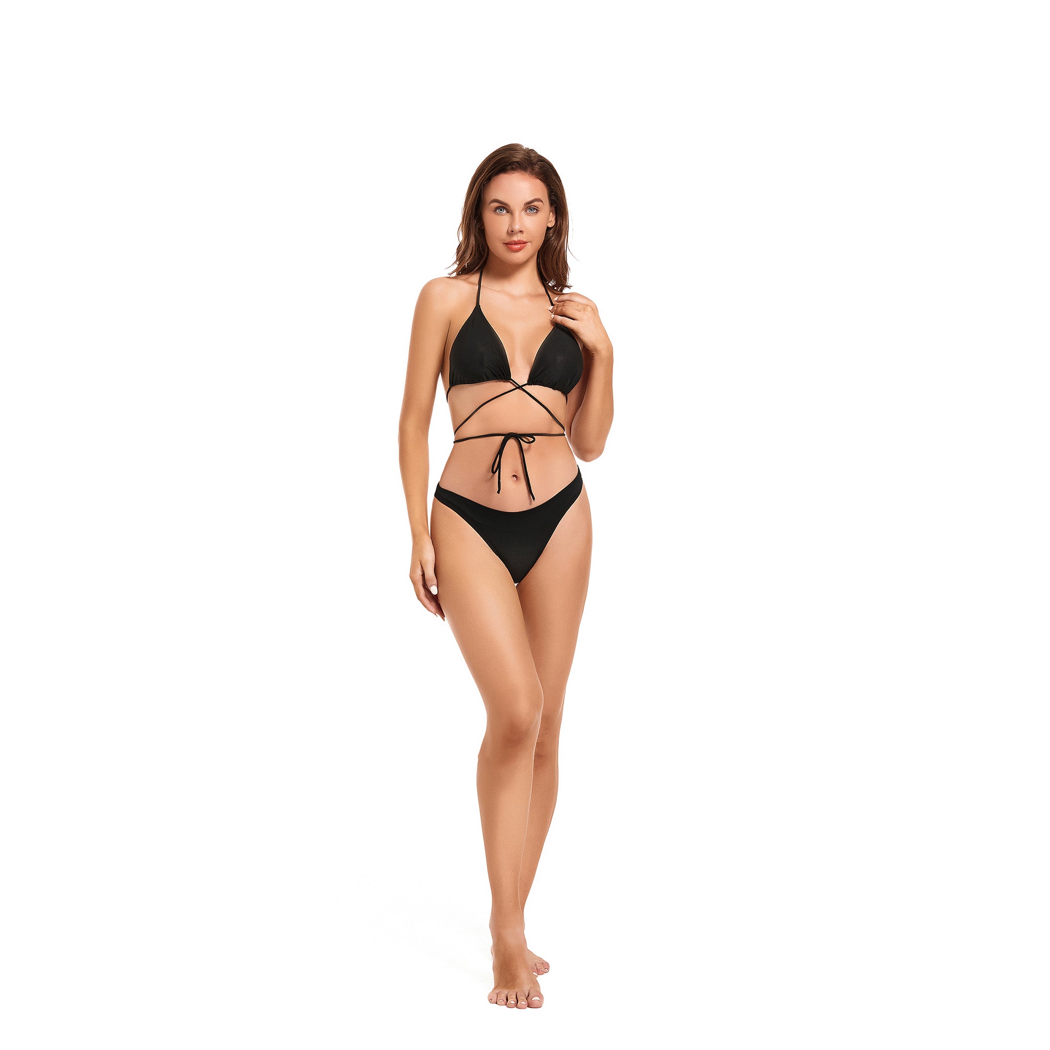 Wrap Around Tan Through Bikini Set - Minimise Tan Lines UV-Permeable Two Piece - Criss Cross Halter Neck Sun-Filtering Bathing Suit, Onyx Black